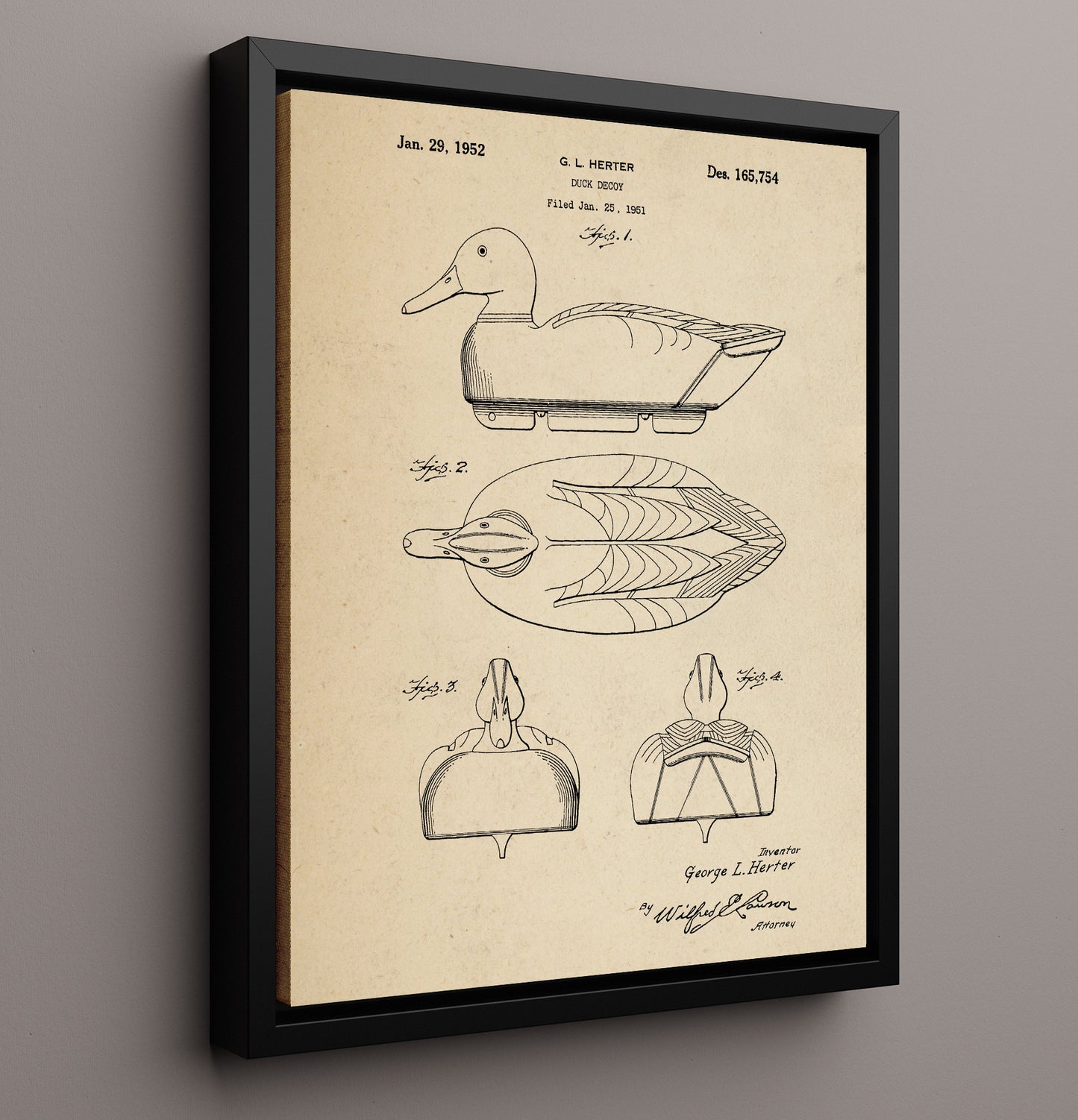 Patent Print - Duck Decoy - George L. Herter - 1952 - Patent D165754 Patent Wall Art