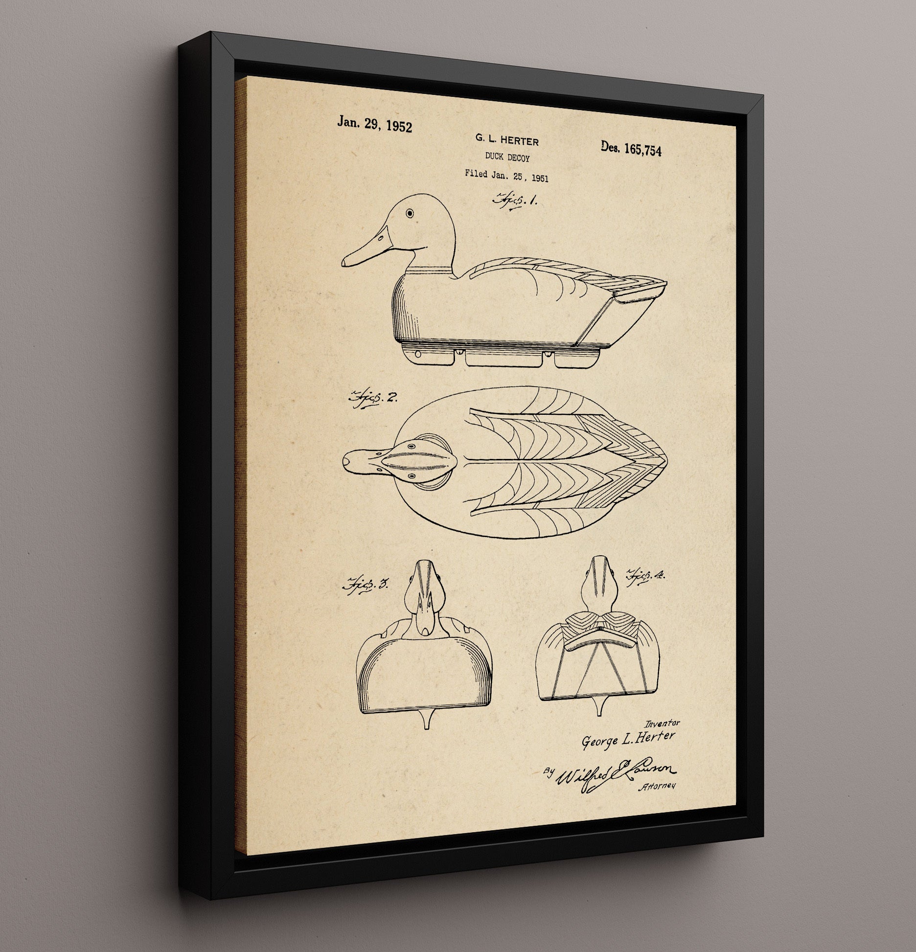 Patent Print - Duck Decoy - George L. Herter - 1952 - Patent D165754 Patent Wall Art