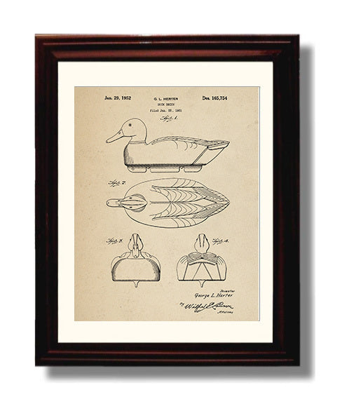 Patent Print - Duck Decoy - George L. Herter - 1952 - Patent D165754 Patent Wall Art