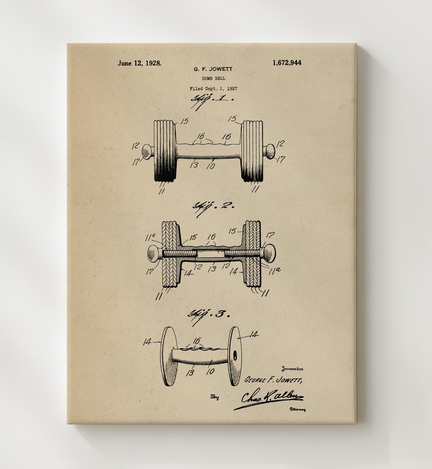 Patent Print - Dumbbell - G F Jowett - 1928 - Patent 1672944 Patent Wall Art