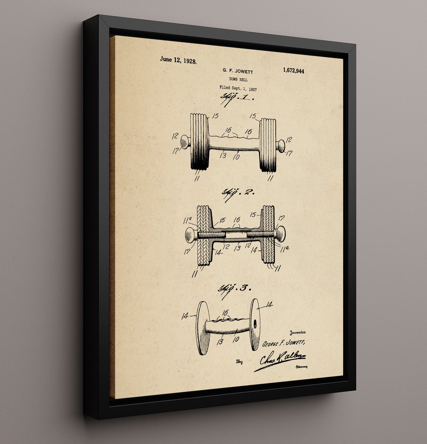 Patent Print - Dumbbell - G F Jowett - 1928 - Patent 1672944 Patent Wall Art