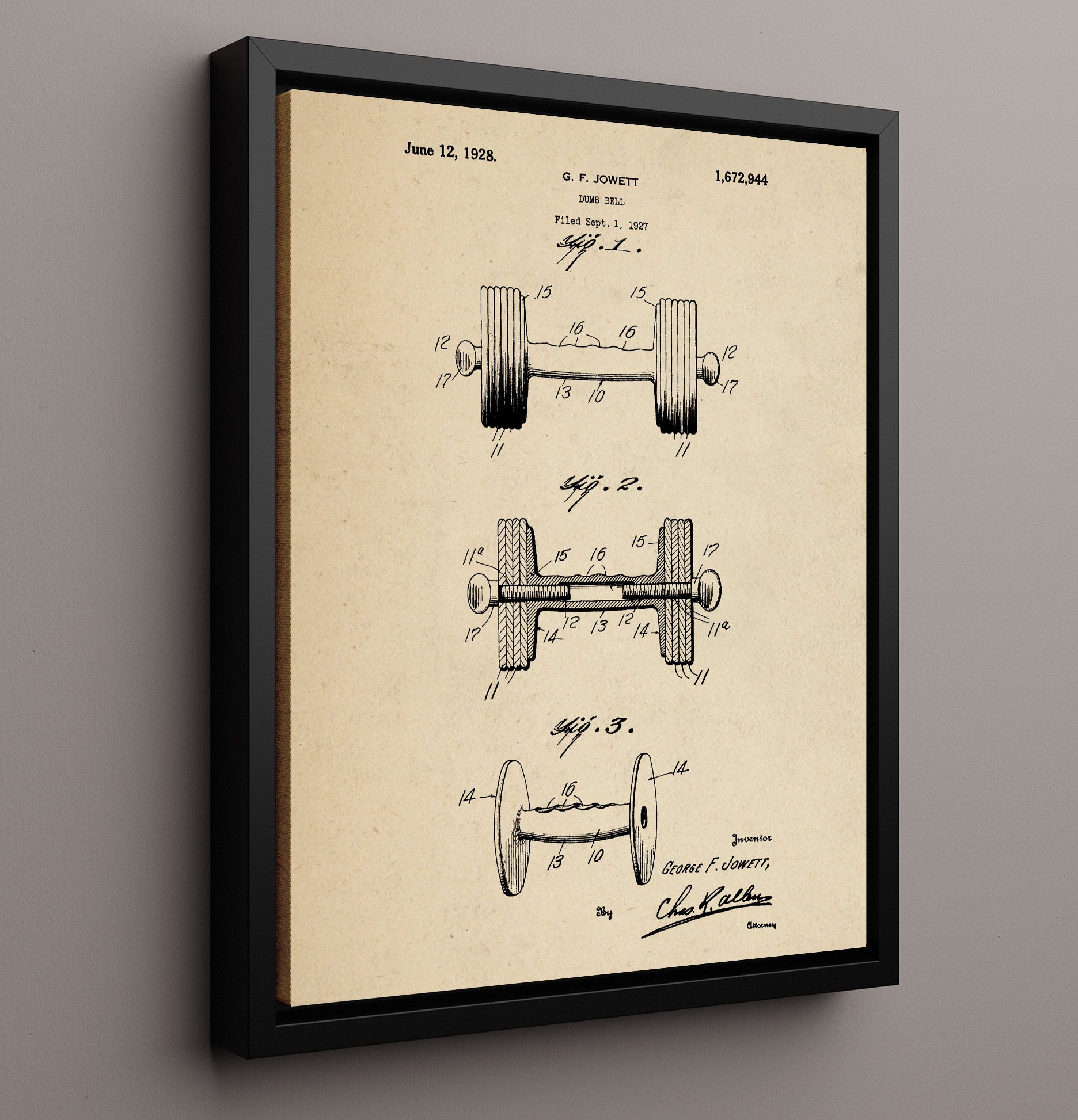 Patent Print - Dumbbell - G F Jowett - 1928 - Patent 1672944 Patent Wall Art