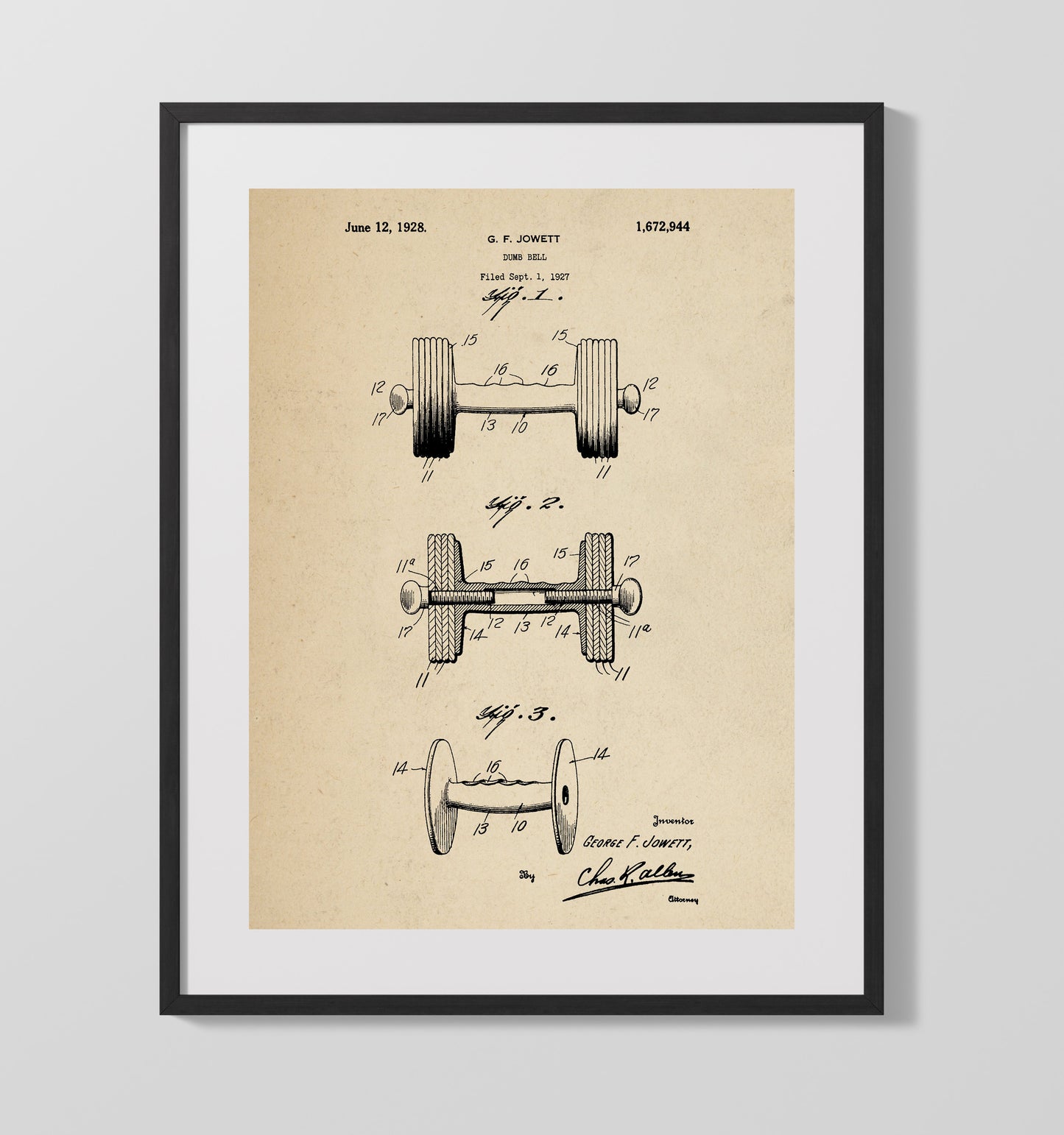 Patent Print - Dumbbell - G F Jowett - 1928 - Patent 1672944 Patent Wall Art