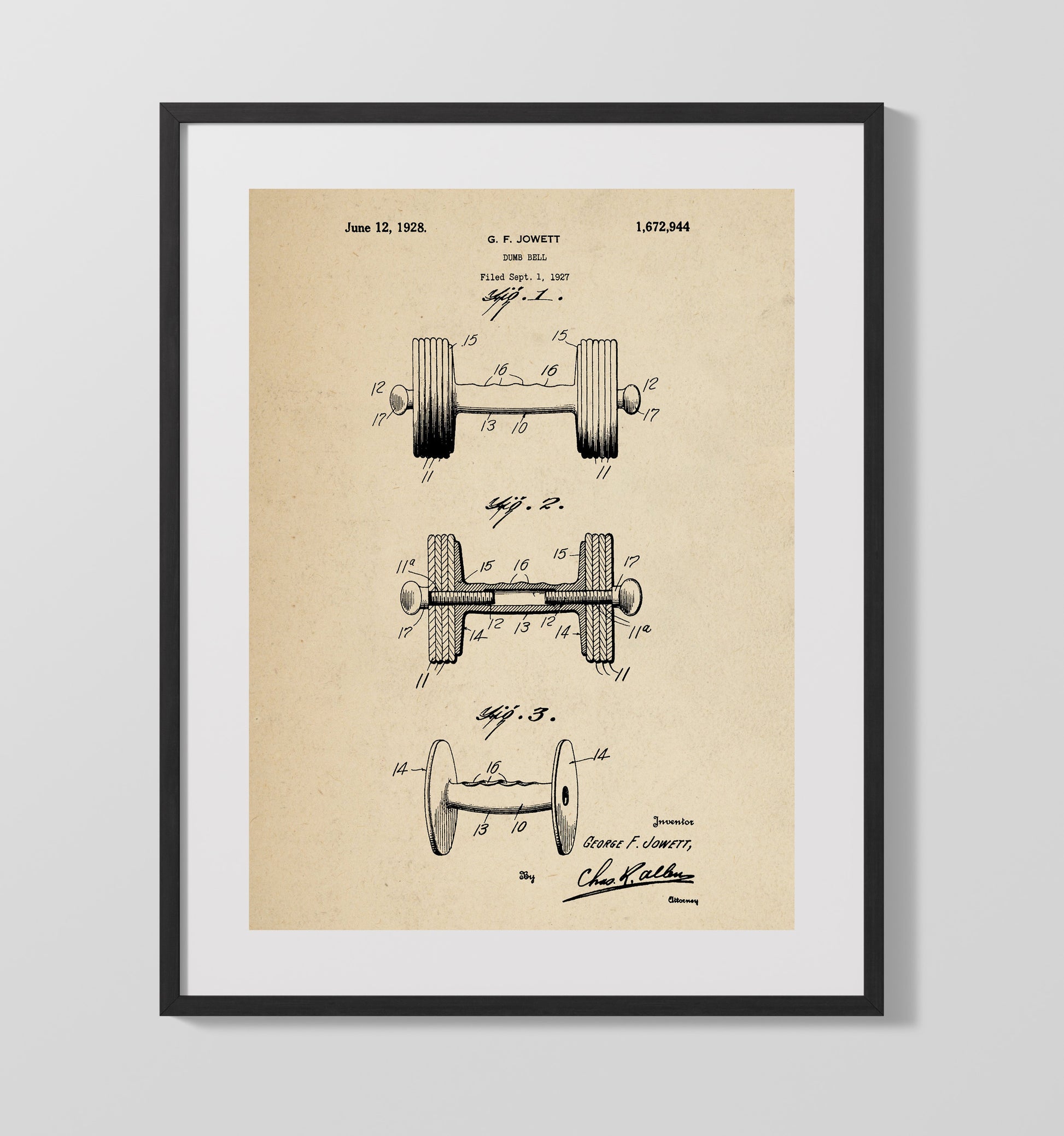 Patent Print - Dumbbell - G F Jowett - 1928 - Patent 1672944 Patent Wall Art