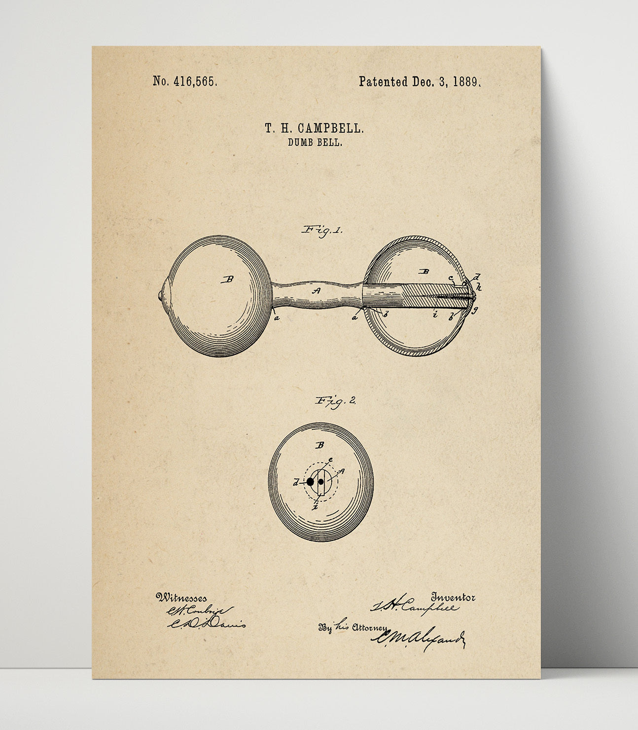 Patent Print - Dumbbell - T H Campbell - 1889 - Patent 416565 Patent Wall Art