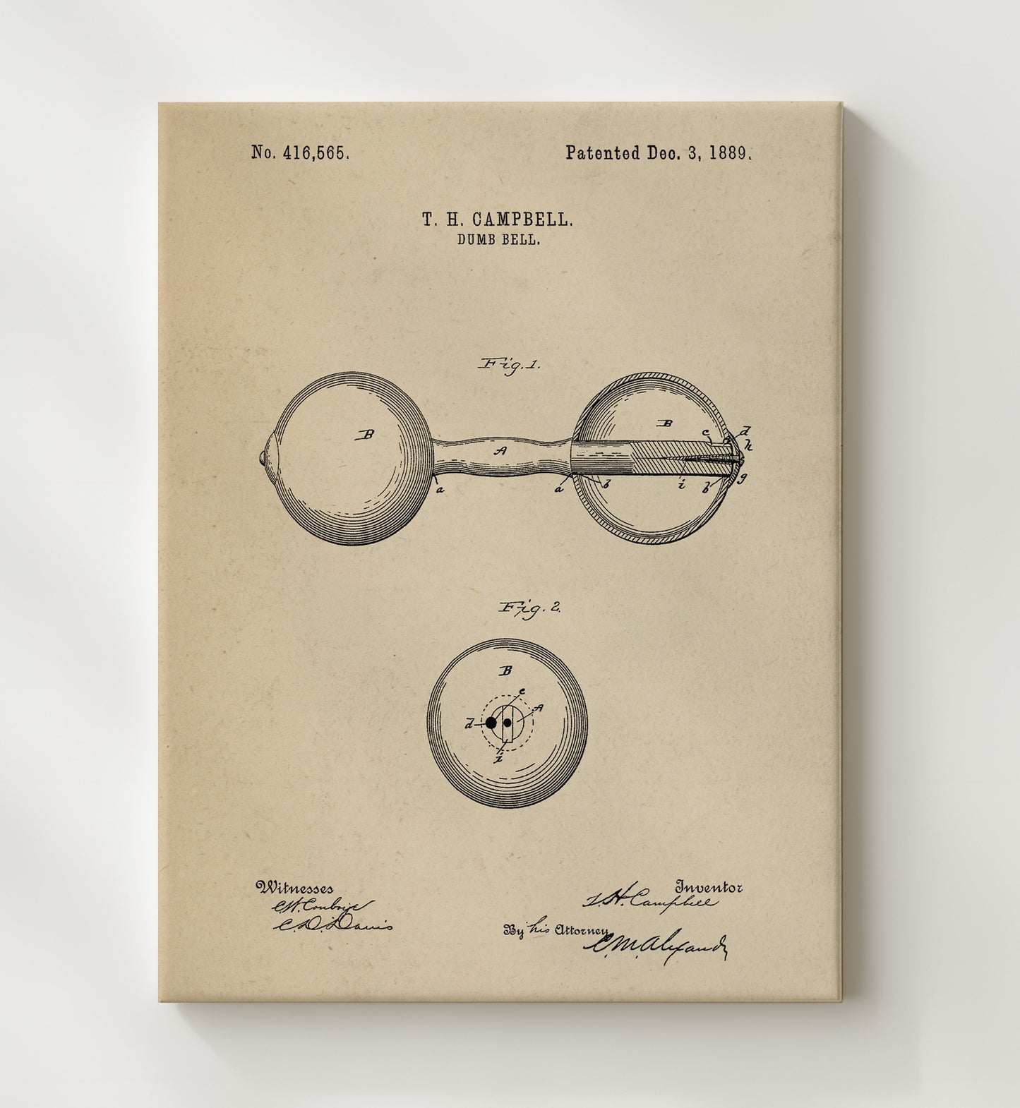 Patent Print - Dumbbell - T H Campbell - 1889 - Patent 416565 Patent Wall Art