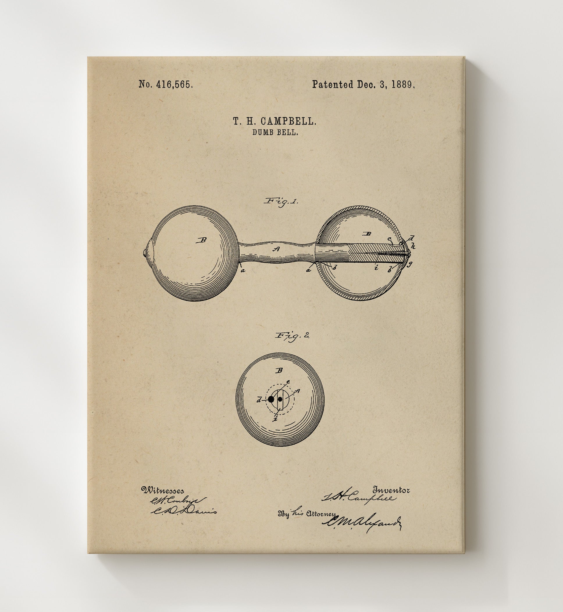 Patent Print - Dumbbell - T H Campbell - 1889 - Patent 416565 Patent Wall Art