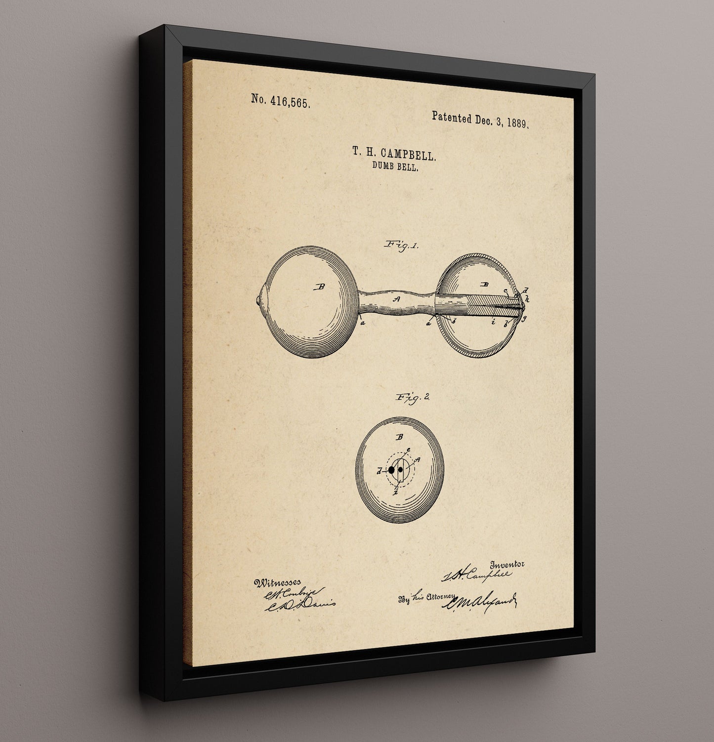 Patent Print - Dumbbell - T H Campbell - 1889 - Patent 416565 Patent Wall Art