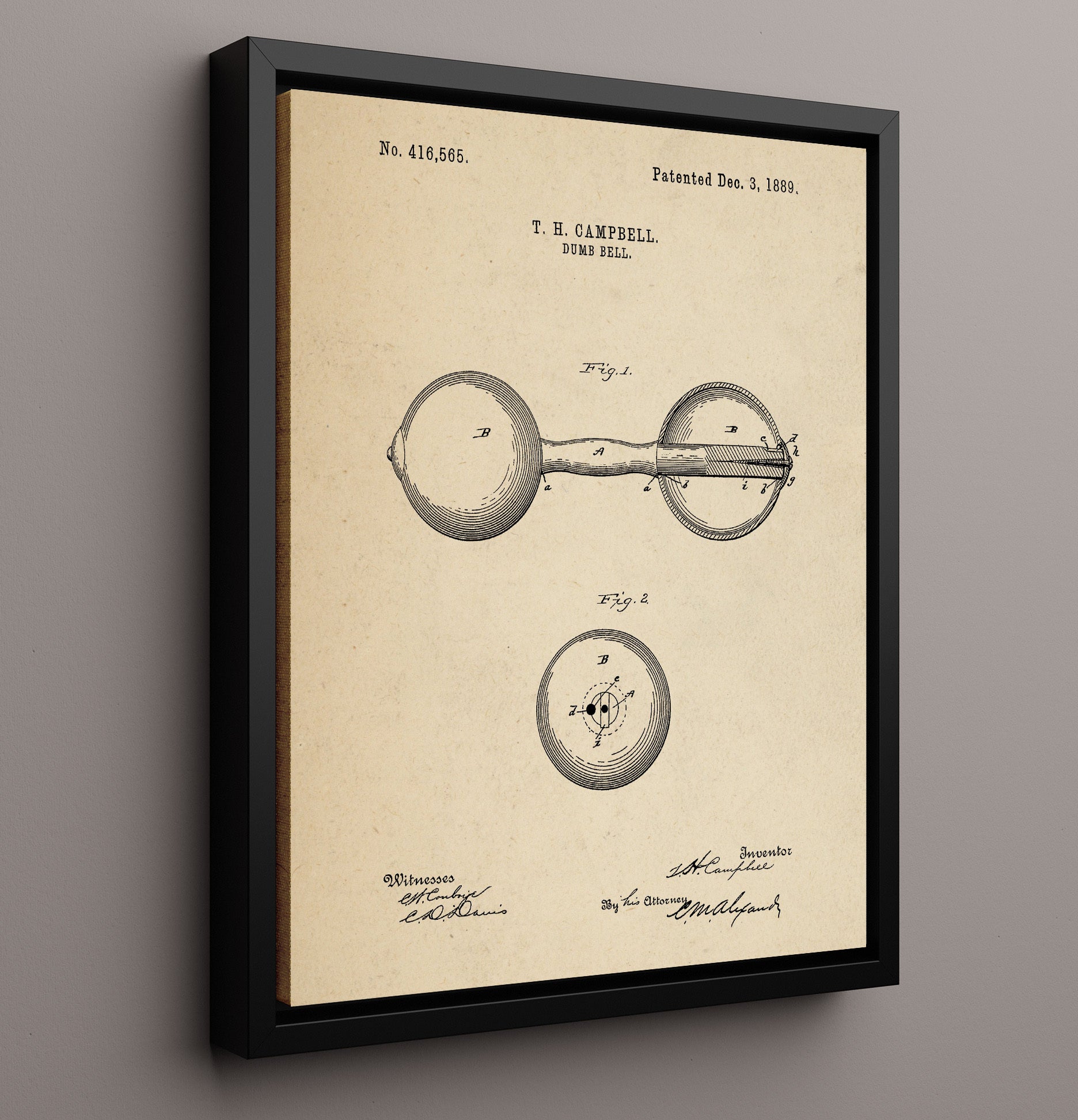 Patent Print - Dumbbell - T H Campbell - 1889 - Patent 416565 Patent Wall Art