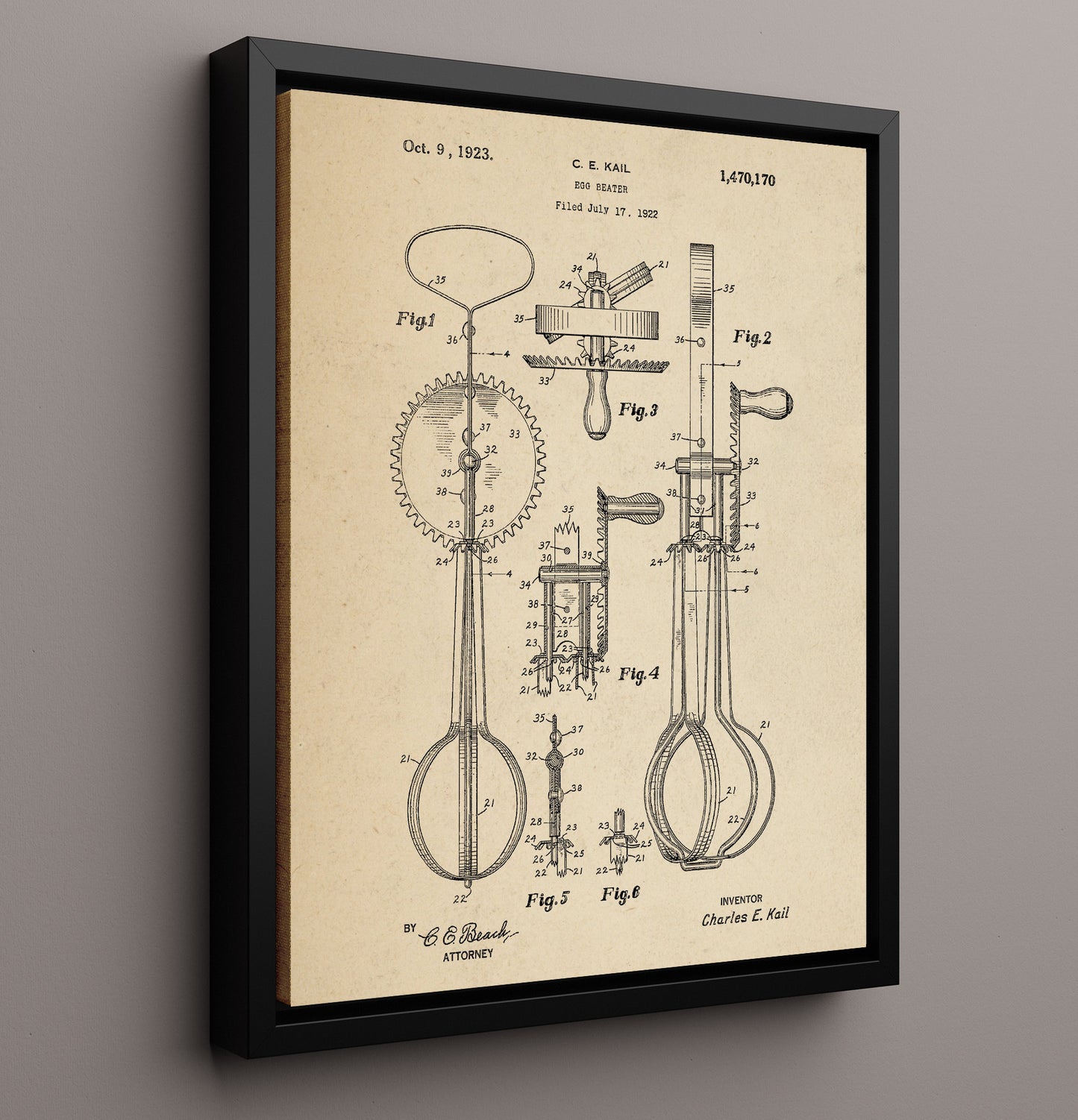 Patent Print - Egg Beater - C.E. Kail - 1923 - Patent 1470170 Patent Wall Art