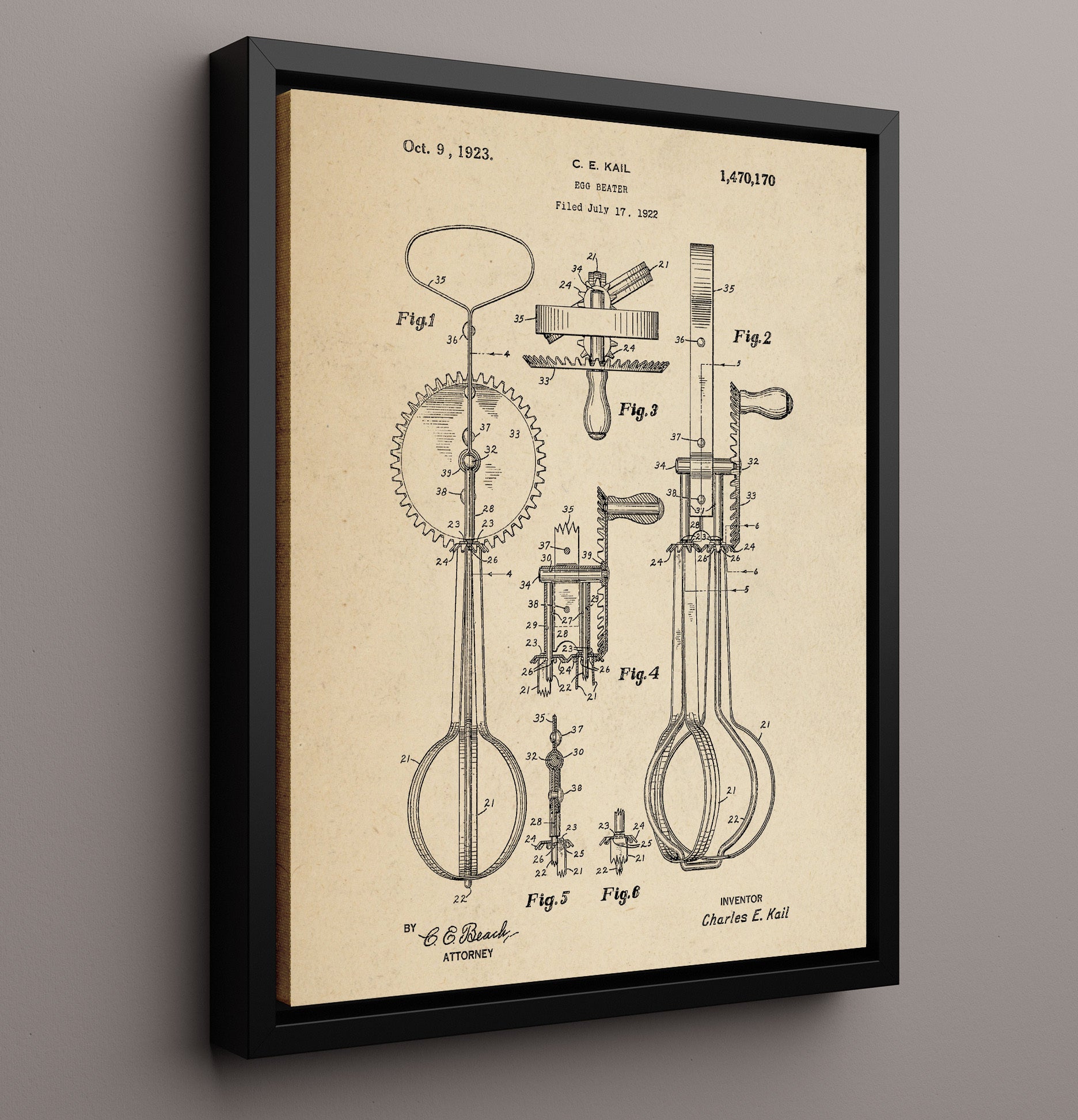 Patent Print - Egg Beater - C.E. Kail - 1923 - Patent 1470170 Patent Wall Art