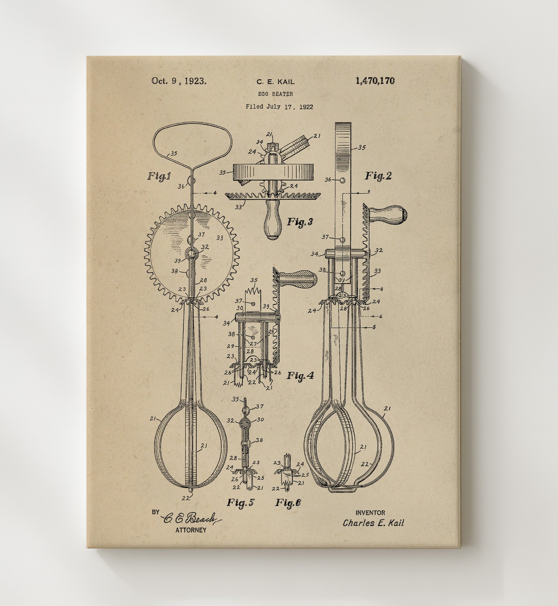 Patent Print - Egg Beater - C.E. Kail - 1923 - Patent 1470170 Patent Wall Art