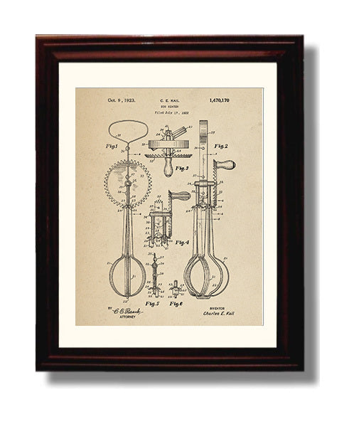 Patent Print - Egg Beater - C.E. Kail - 1923 - Patent 1470170 Patent Wall Art