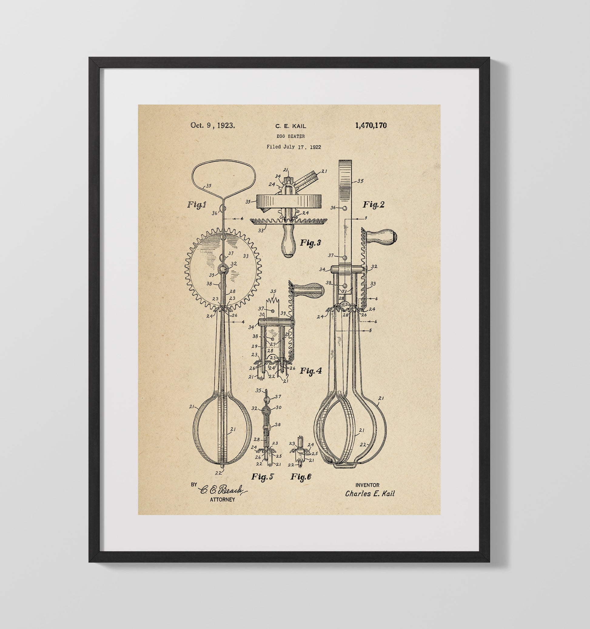 Patent Print - Egg Beater - C.E. Kail - 1923 - Patent 1470170 Patent Wall Art