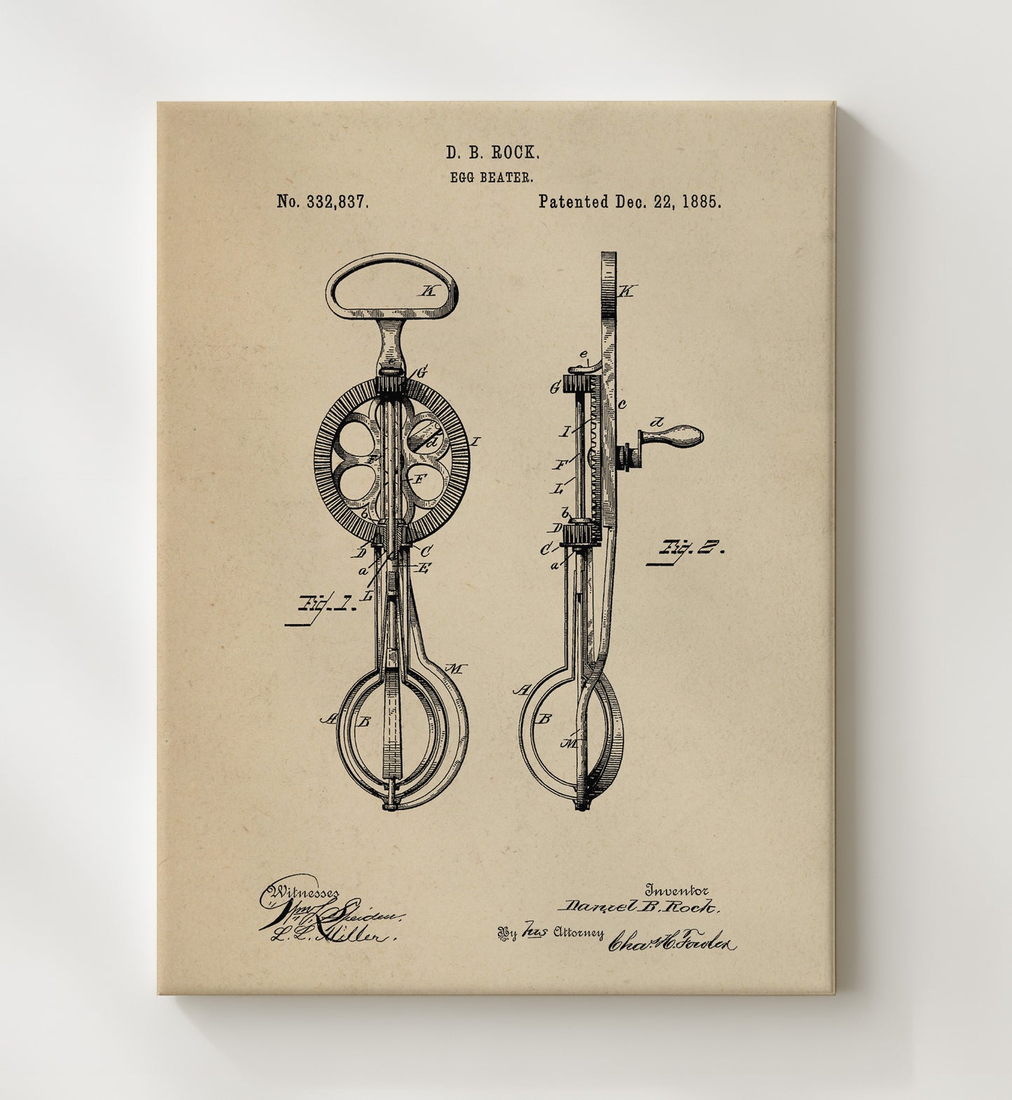 Patent Print - Egg Beater - D.B. Rock - 1885 - Patent 332837 Patent Wall Art