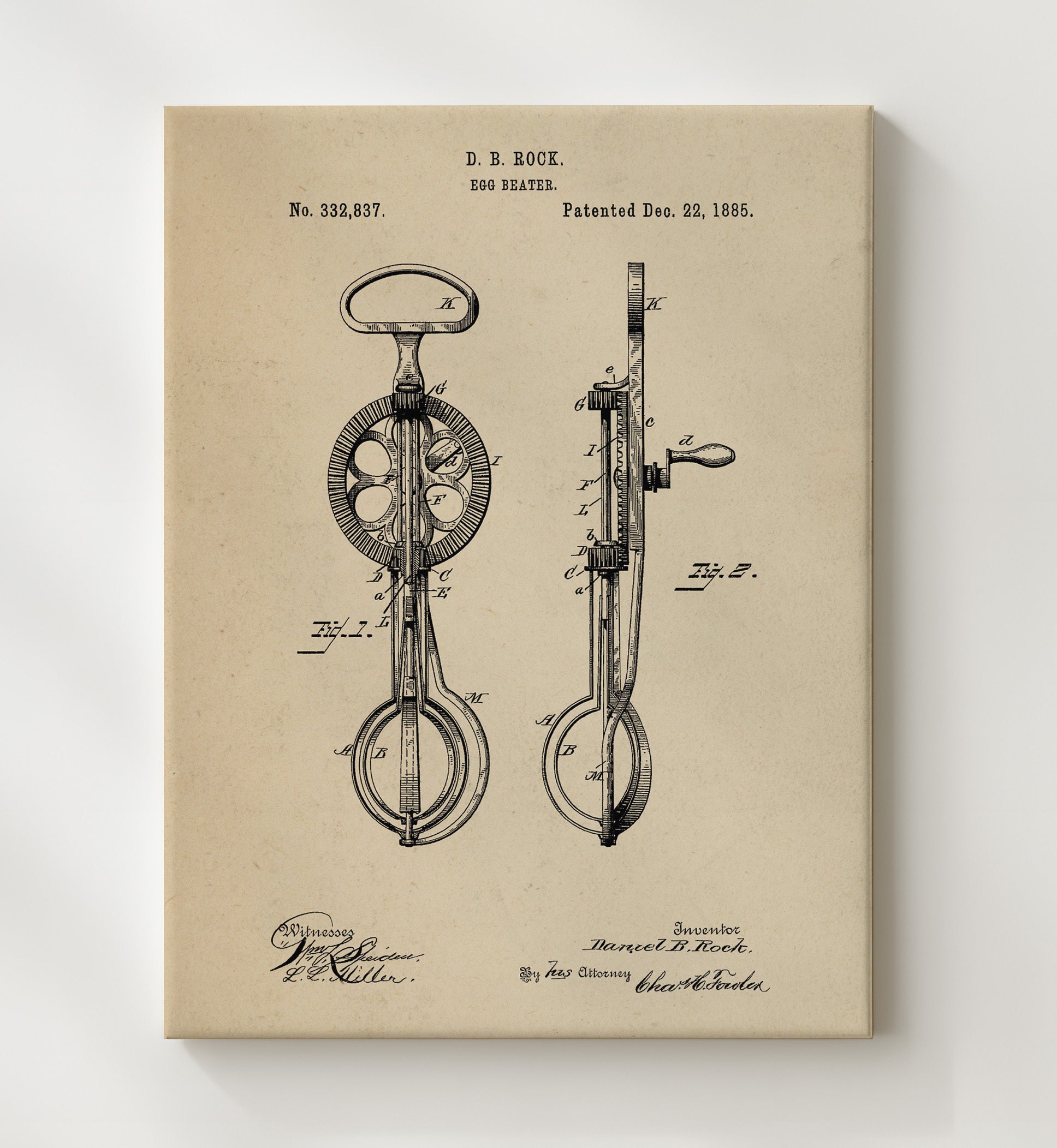 Patent Print - Egg Beater - D.B. Rock - 1885 - Patent 332837 Patent Wall Art