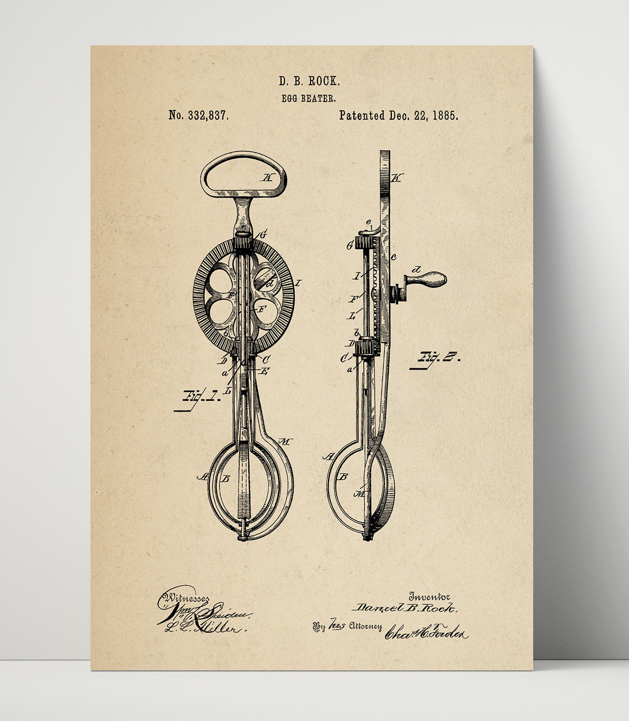 Patent Print - Egg Beater - D.B. Rock - 1885 - Patent 332837 Patent Wall Art