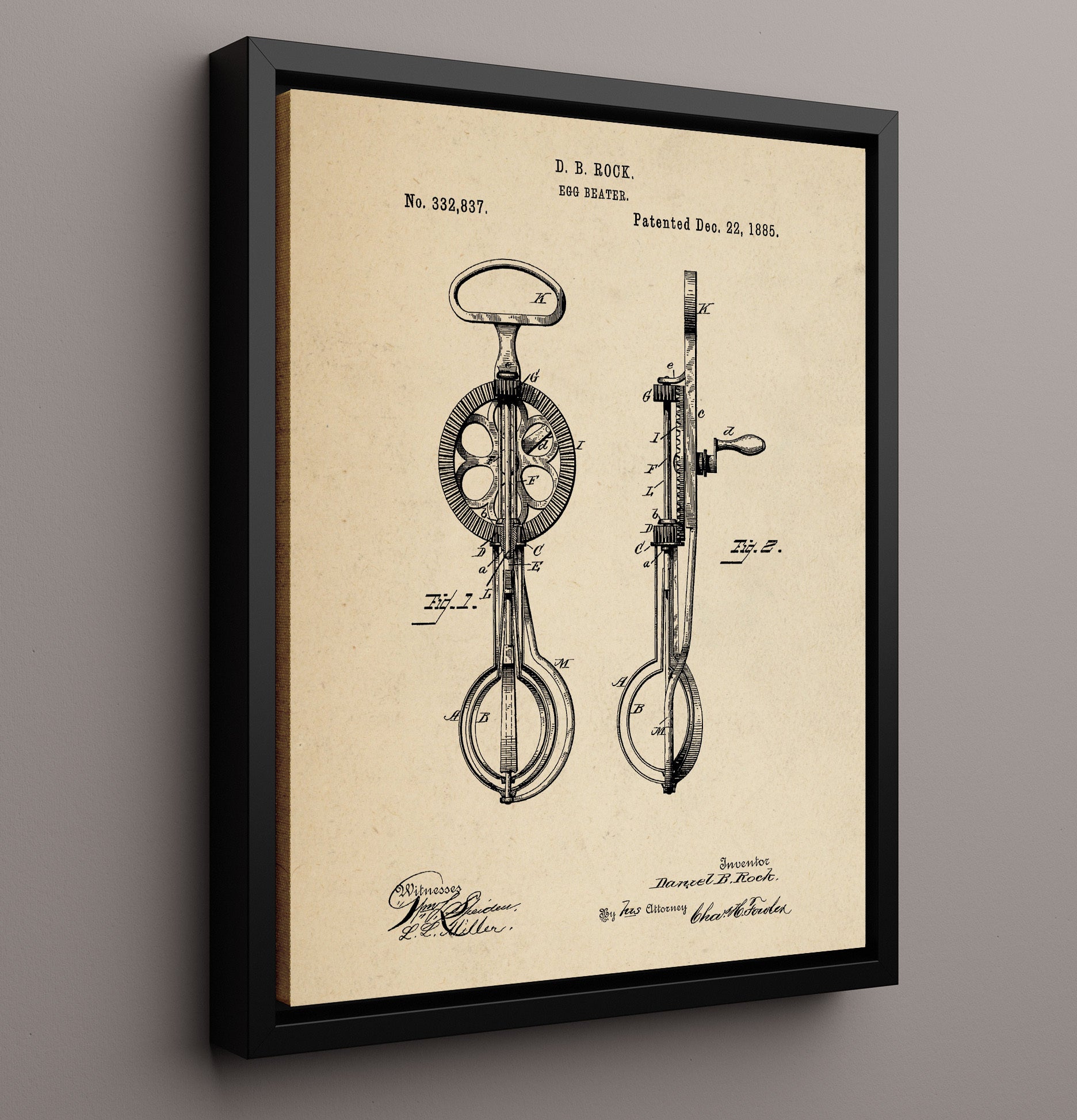 Patent Print - Egg Beater - D.B. Rock - 1885 - Patent 332837 Patent Wall Art