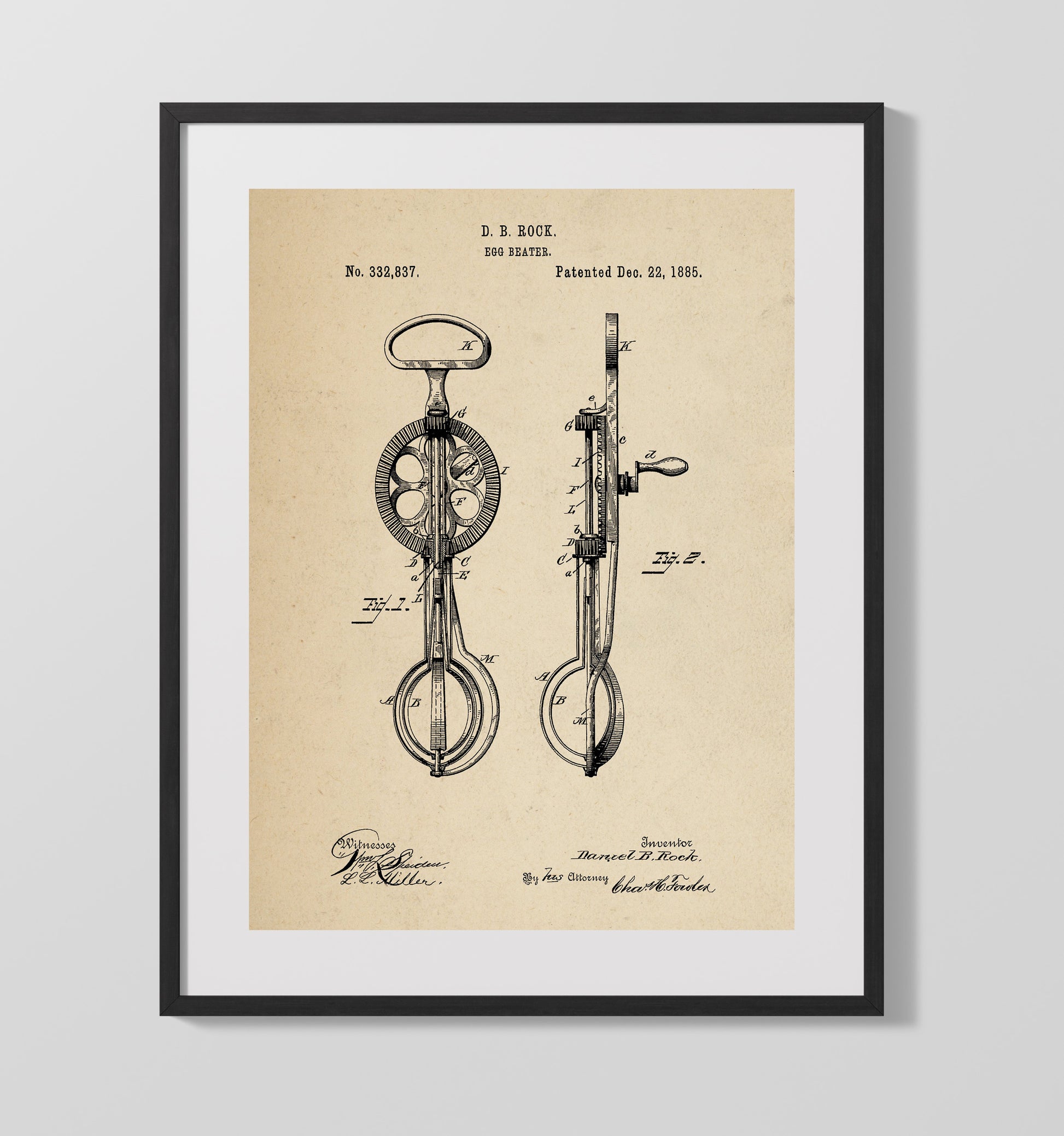 Patent Print - Egg Beater - D.B. Rock - 1885 - Patent 332837 Patent Wall Art
