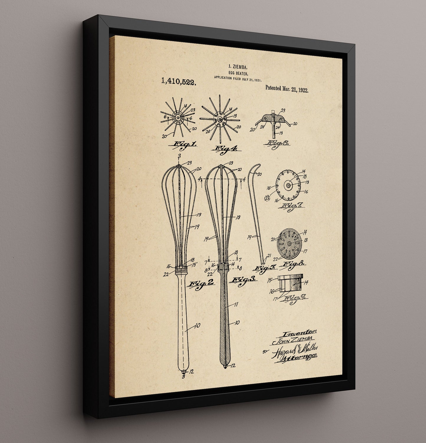 Patent Print - Egg Beater - J. Ziemba - 1922 - Patent 1410522 Patent Wall Art