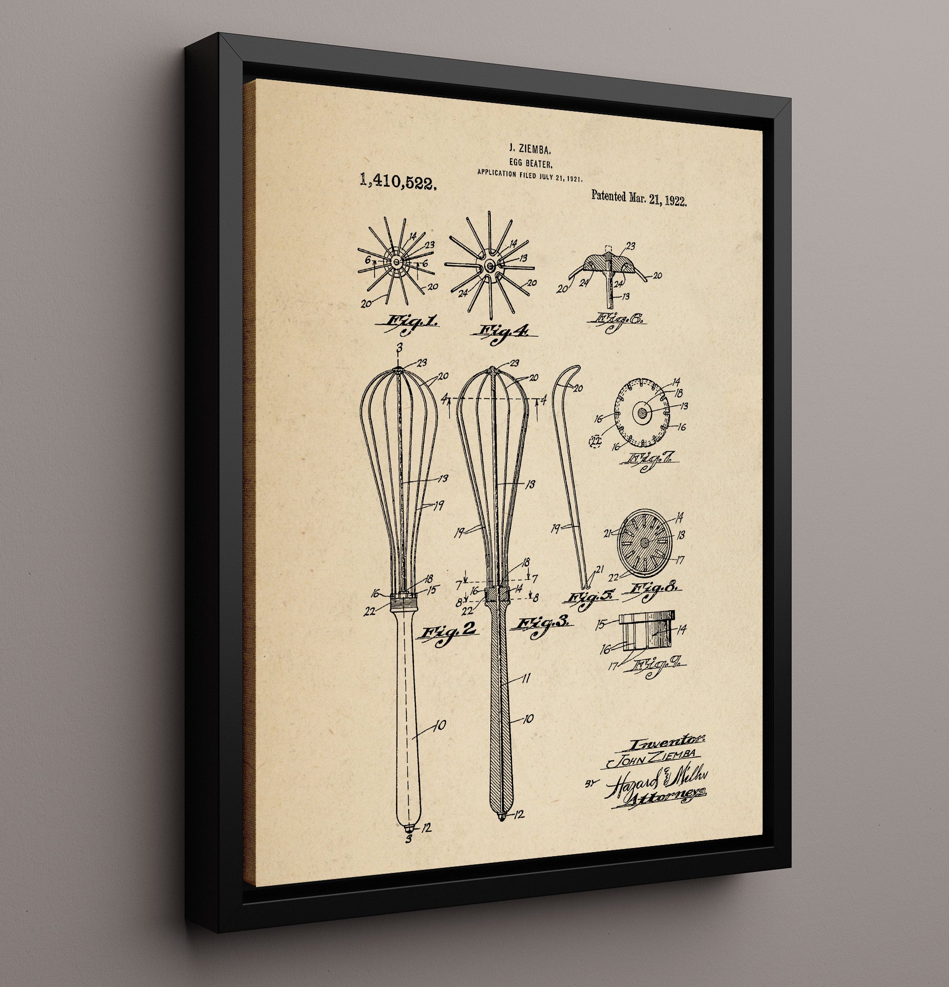Patent Print - Egg Beater - J. Ziemba - 1922 - Patent 1410522 Patent Wall Art