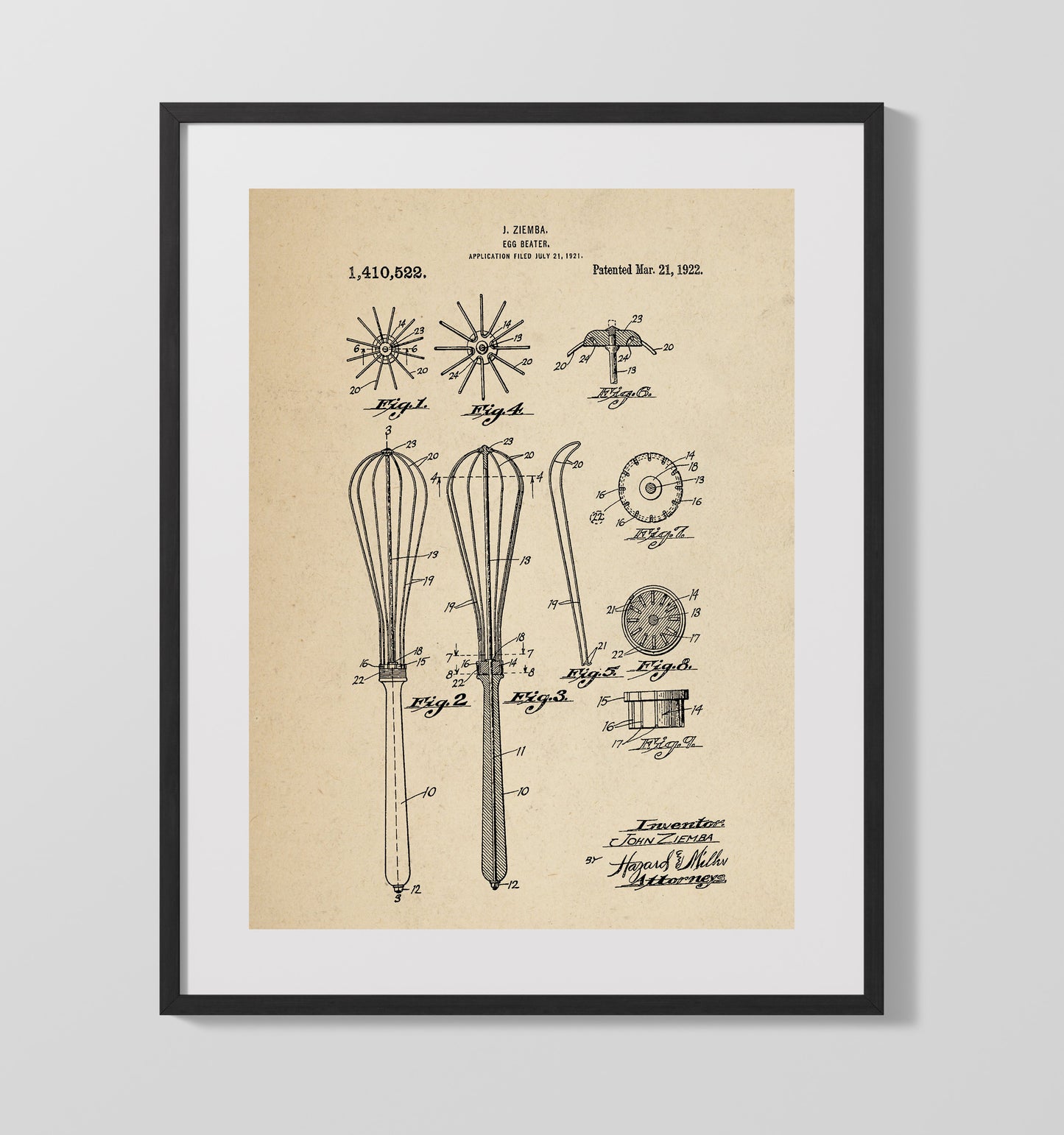 Patent Print - Egg Beater - J. Ziemba - 1922 - Patent 1410522 Patent Wall Art