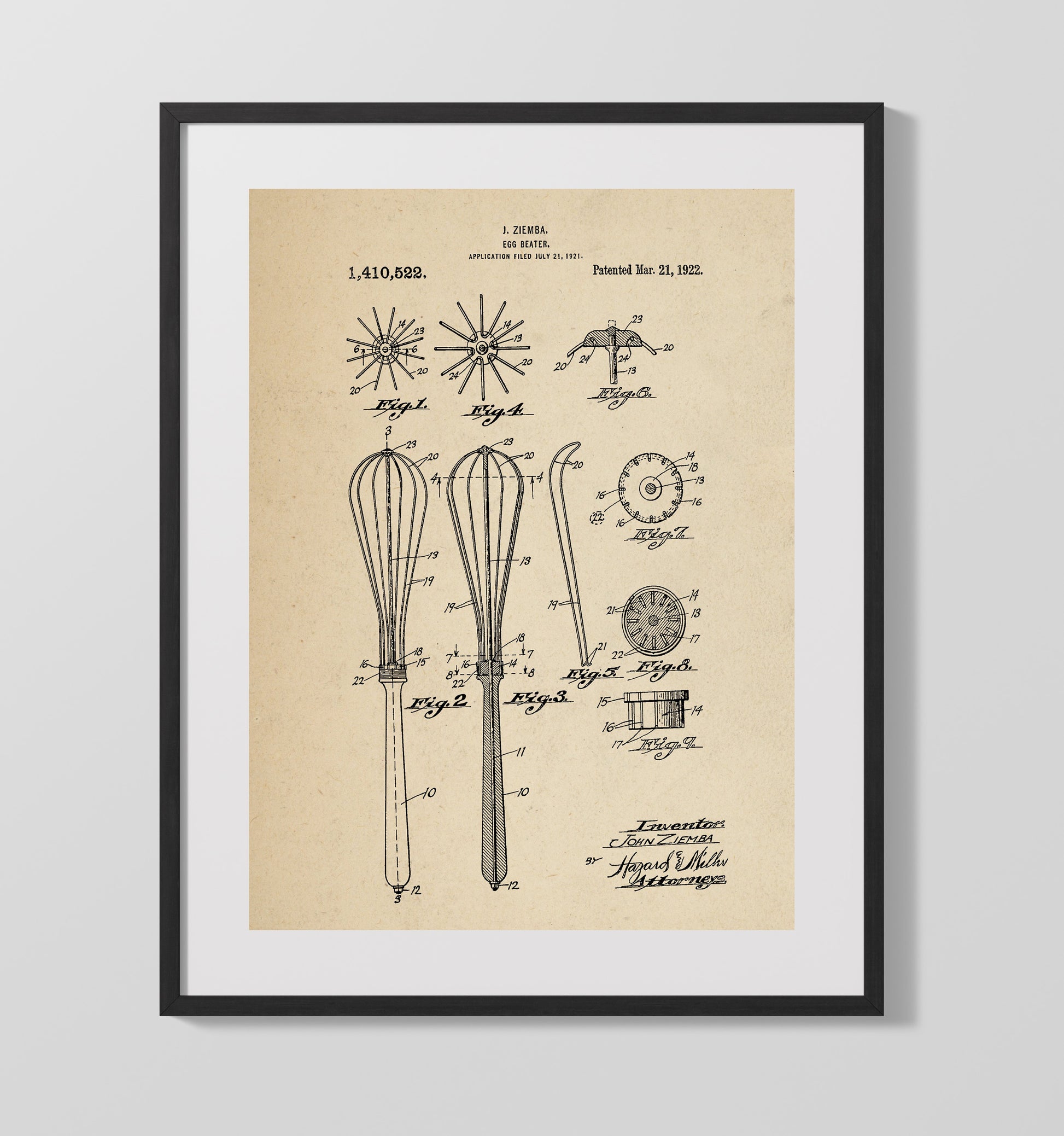 Patent Print - Egg Beater - J. Ziemba - 1922 - Patent 1410522 Patent Wall Art