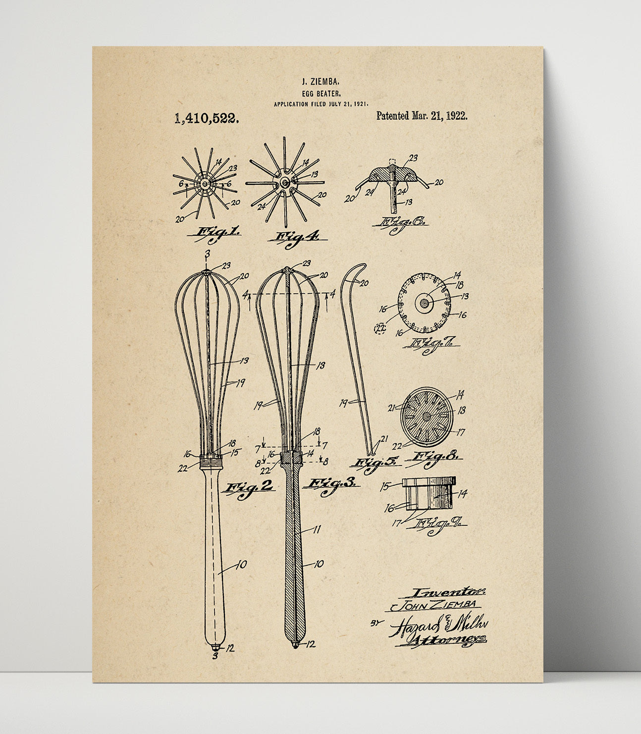 Patent Print - Egg Beater - J. Ziemba - 1922 - Patent 1410522 Patent Wall Art