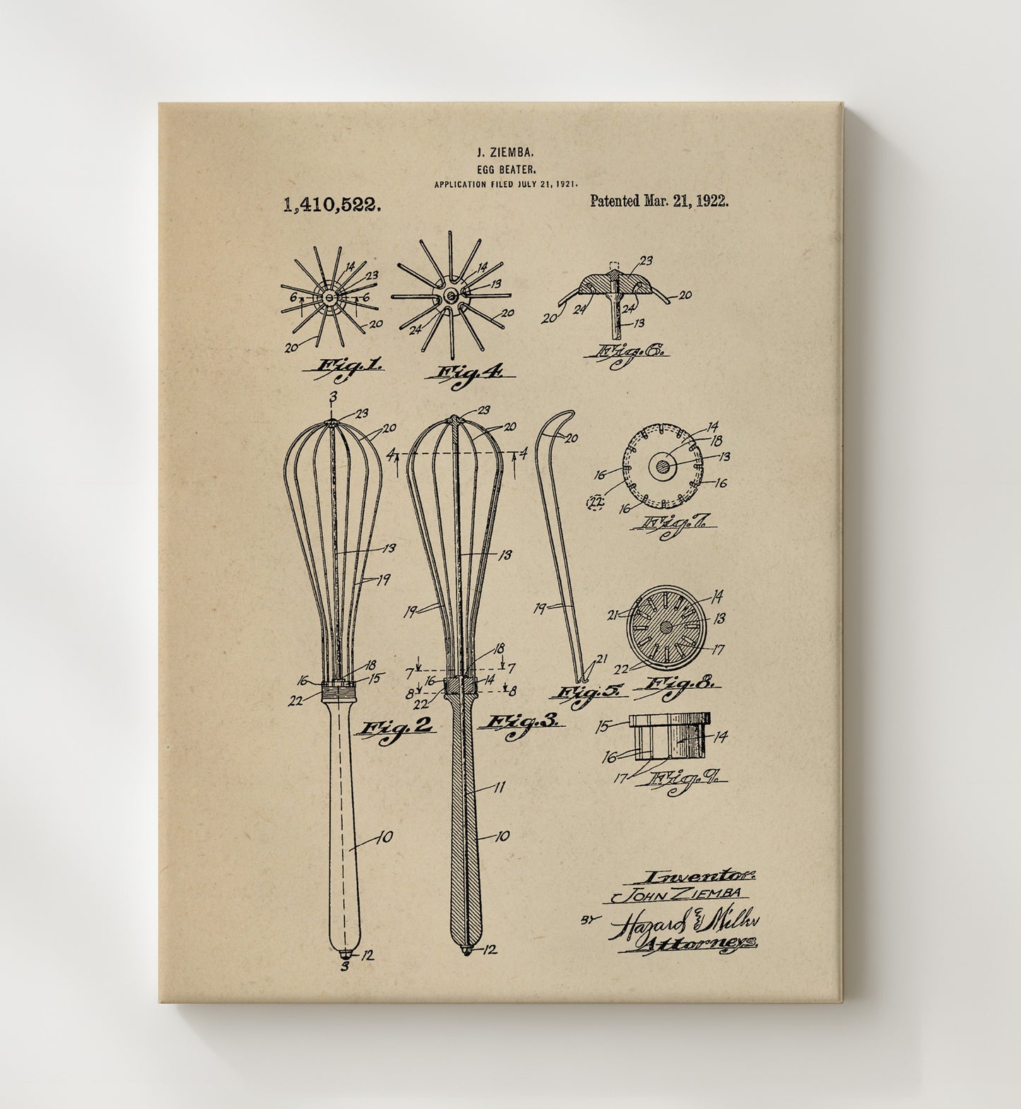 Patent Print - Egg Beater - J. Ziemba - 1922 - Patent 1410522 Patent Wall Art