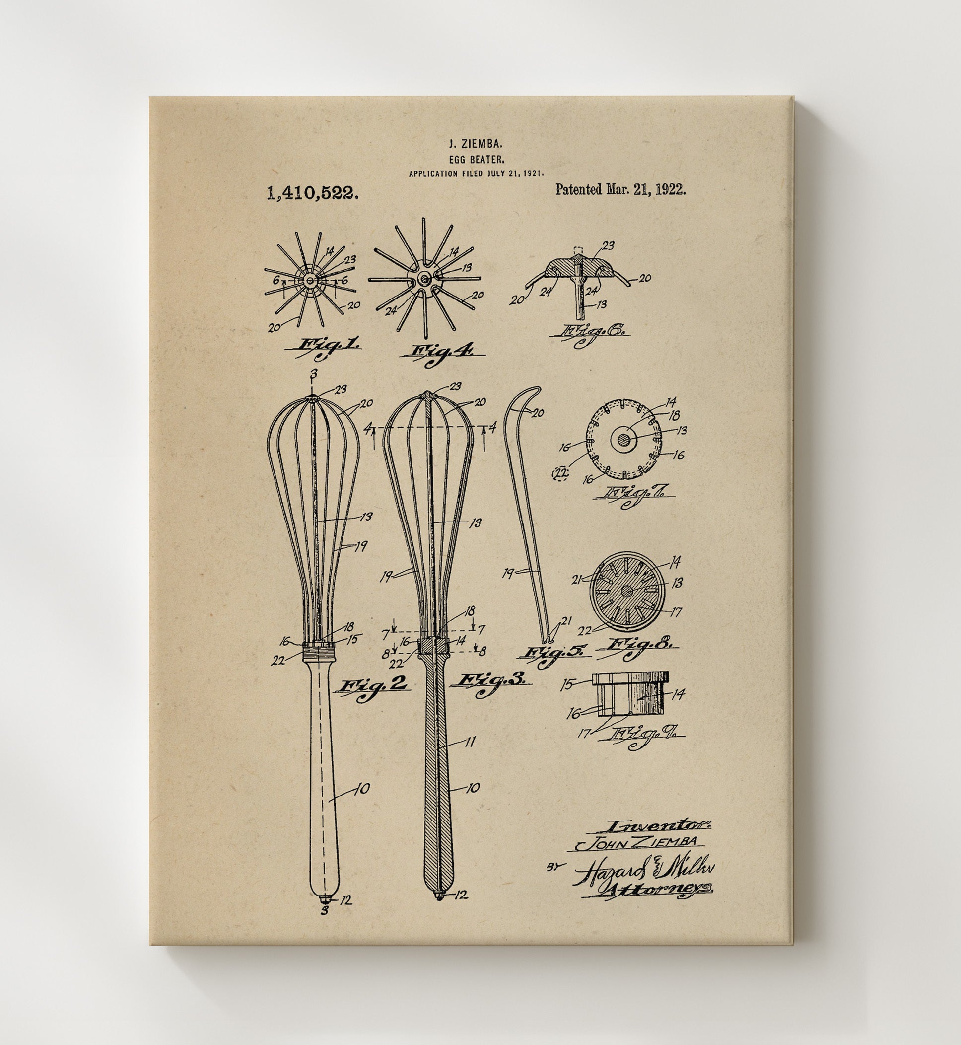 Patent Print - Egg Beater - J. Ziemba - 1922 - Patent 1410522 Patent Wall Art
