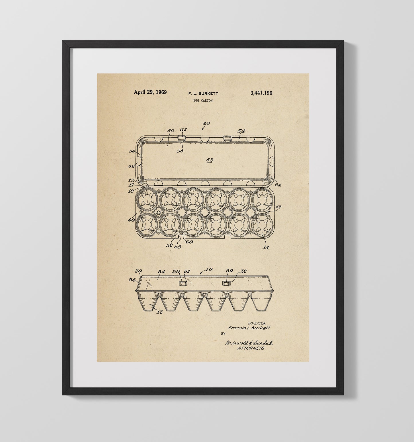 Patent Print - Egg Carton - Francis L Burkett - 1969 - Patent 3441196 Patent Wall Art