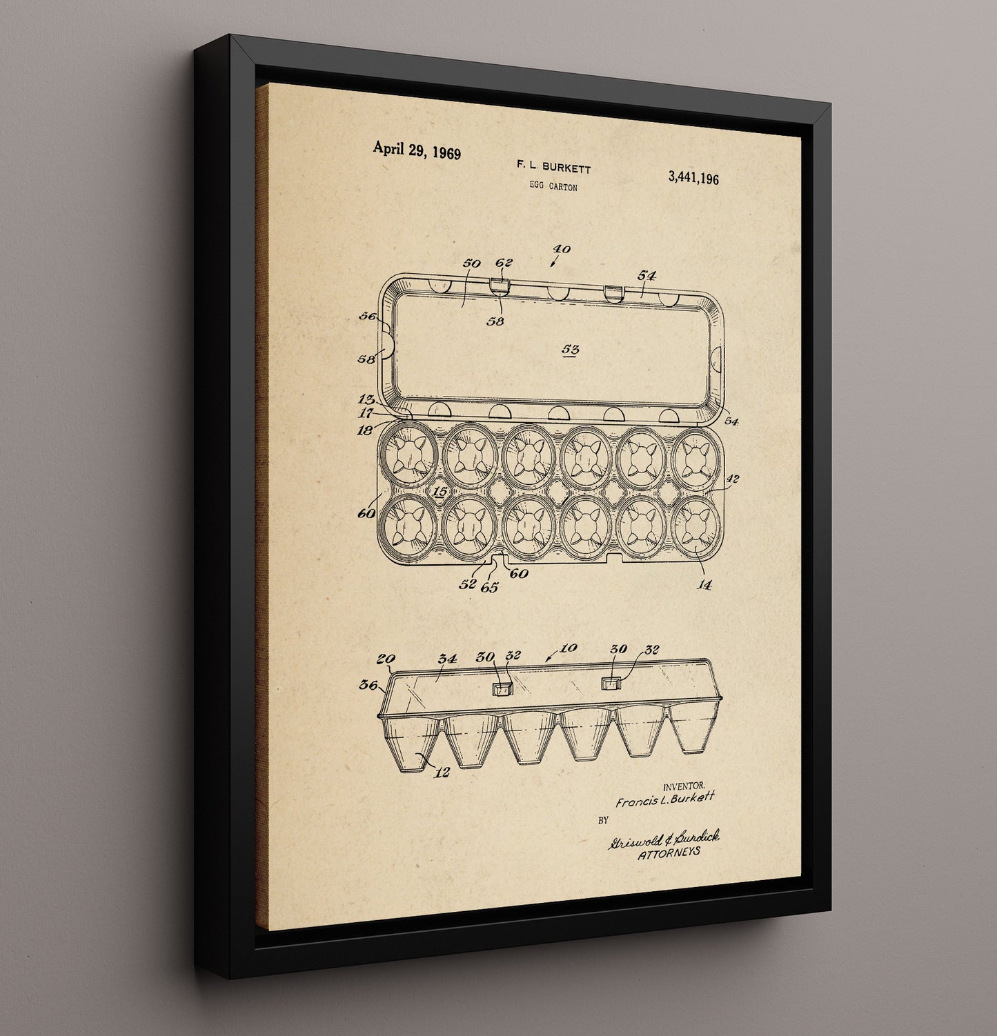 Patent Print - Egg Carton - Francis L Burkett - 1969 - Patent 3441196 Patent Wall Art