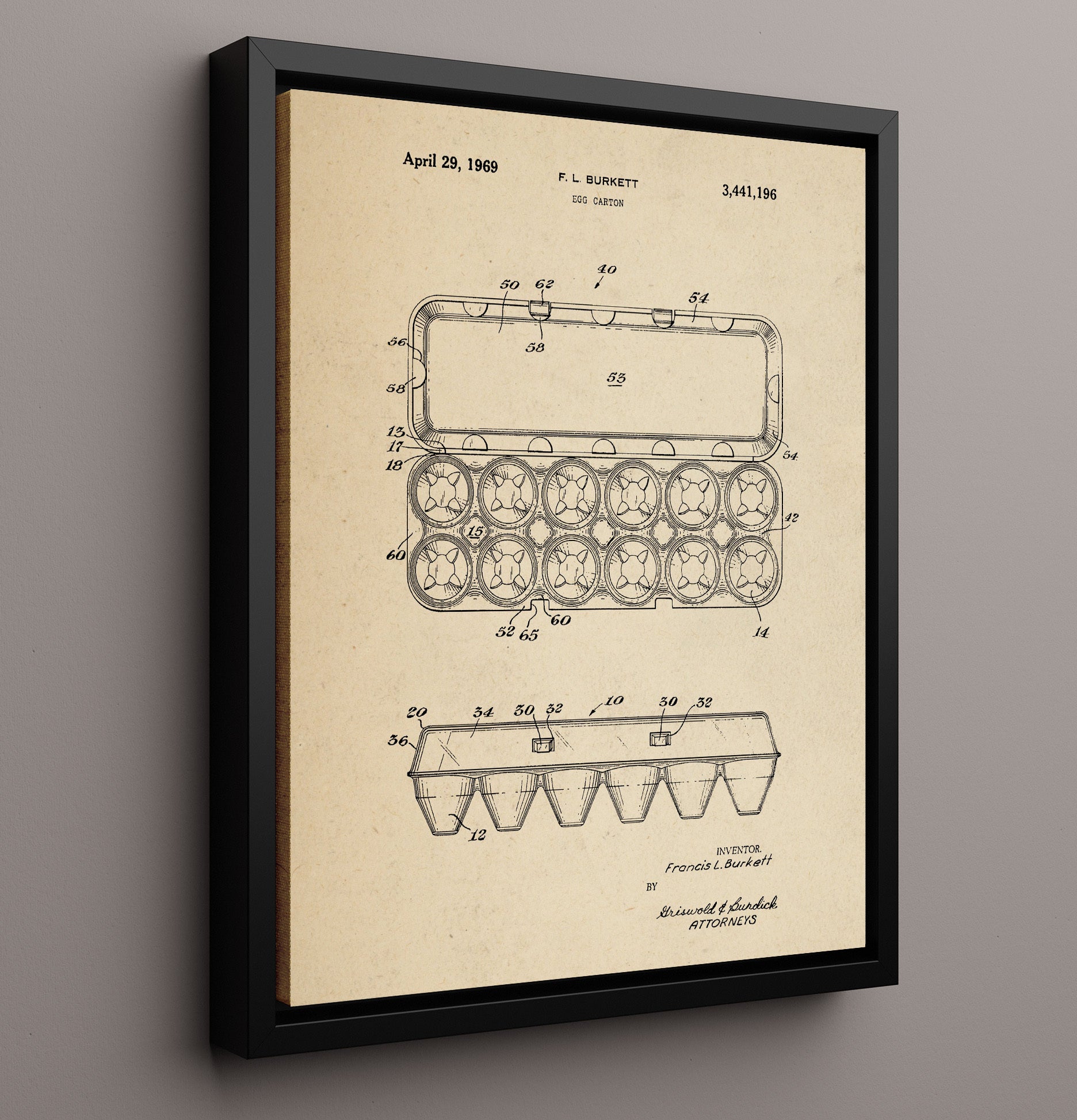 Patent Print - Egg Carton - Francis L Burkett - 1969 - Patent 3441196 Patent Wall Art