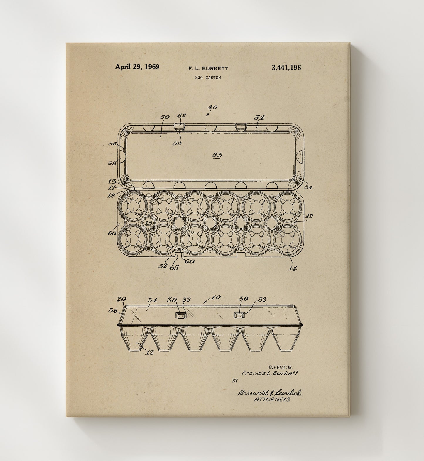 Patent Print - Egg Carton - Francis L Burkett - 1969 - Patent 3441196 Patent Wall Art