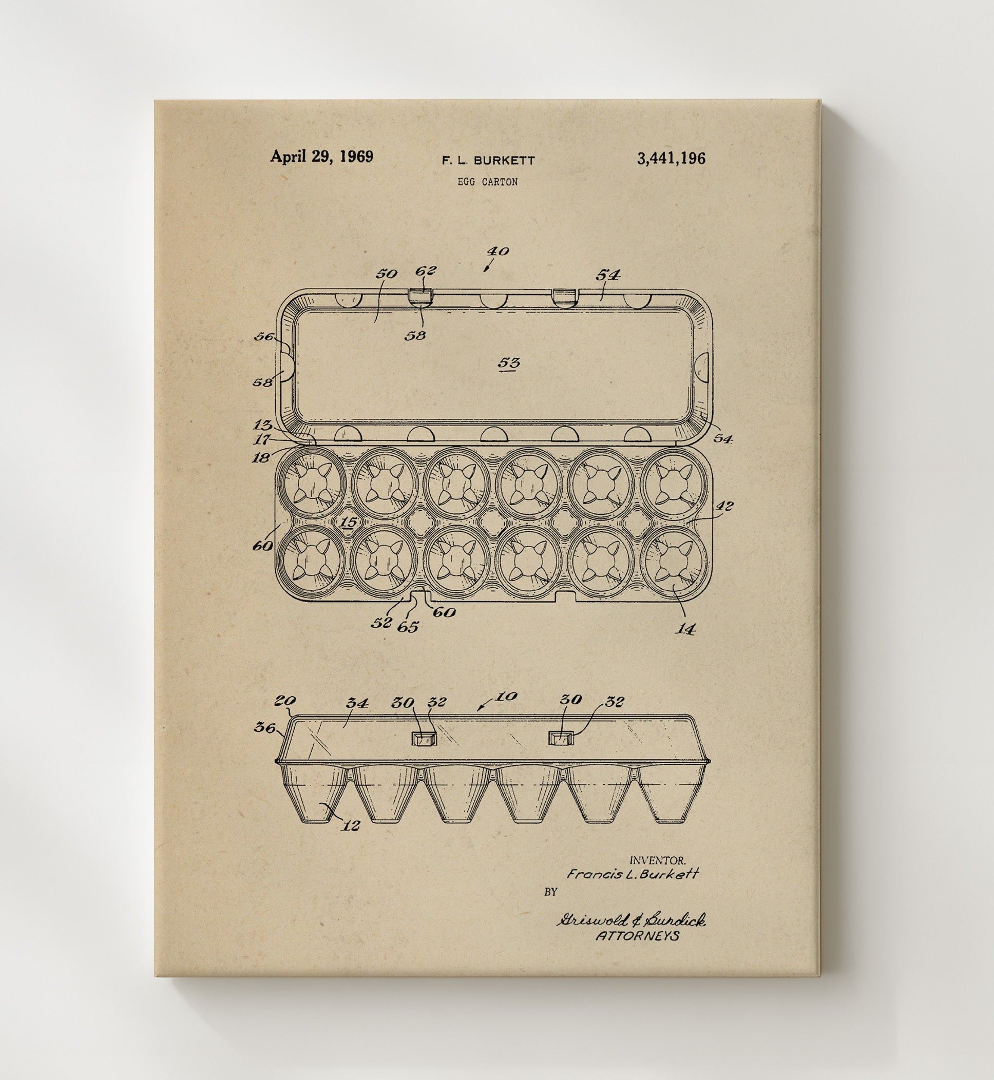 Patent Print - Egg Carton - Francis L Burkett - 1969 - Patent 3441196 Patent Wall Art