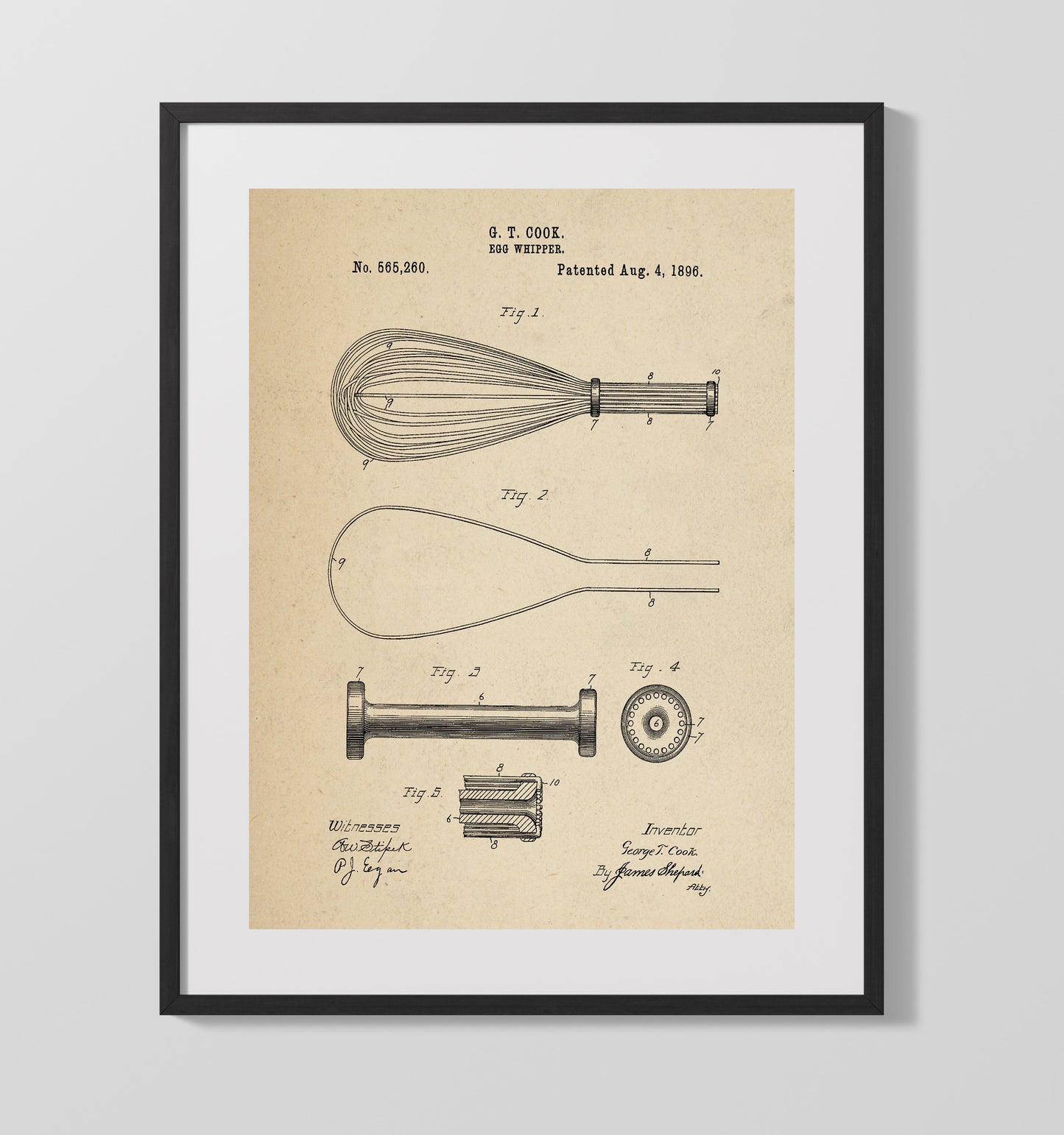 Patent Print - Egg Whipper - G.T. Cook - 1896 - Patent 565260 Patent Wall Art