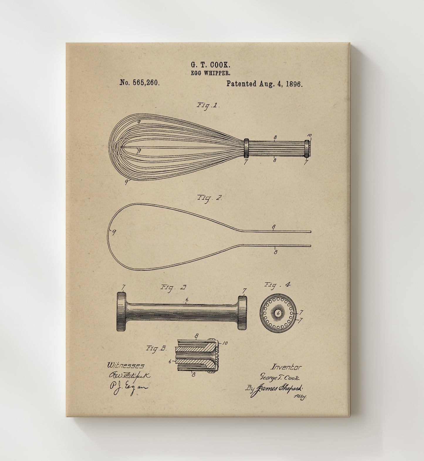 Patent Print - Egg Whipper - G.T. Cook - 1896 - Patent 565260 Patent Wall Art