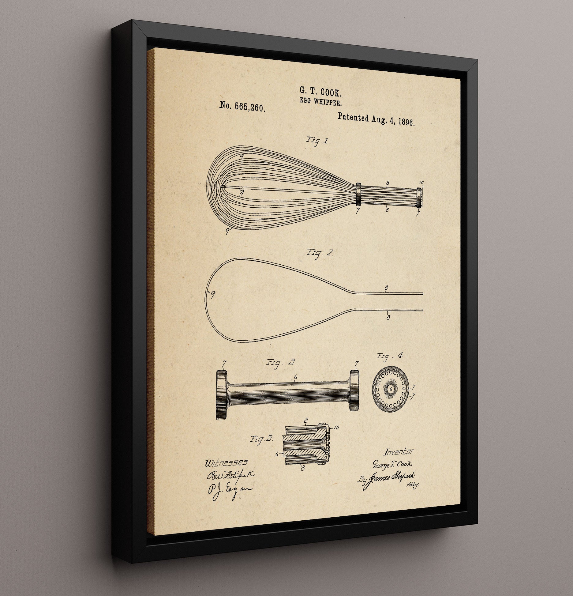 Patent Print - Egg Whipper - G.T. Cook - 1896 - Patent 565260 Patent Wall Art