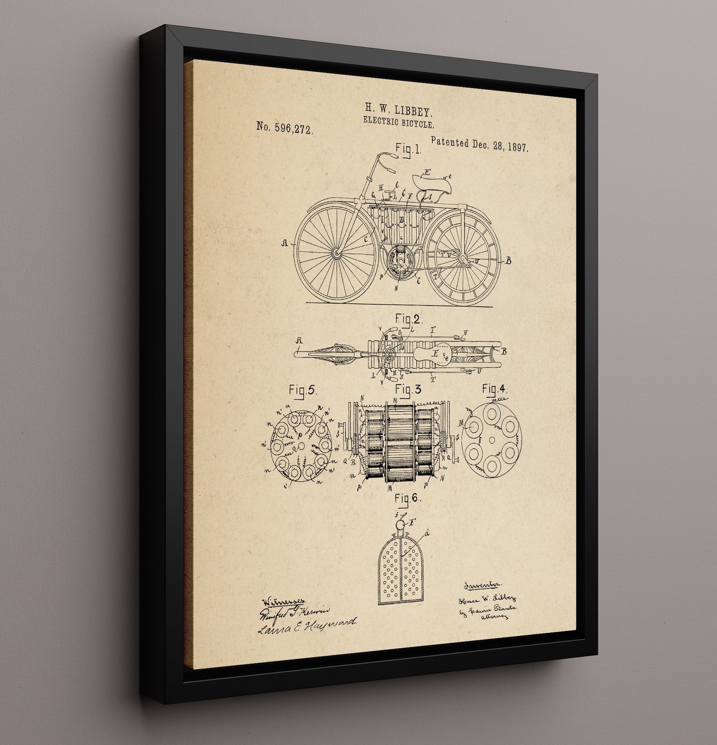 Patent Print - Electric Bicycle - H W Libbey - 1897 - Patent 596272 Patent Wall Art