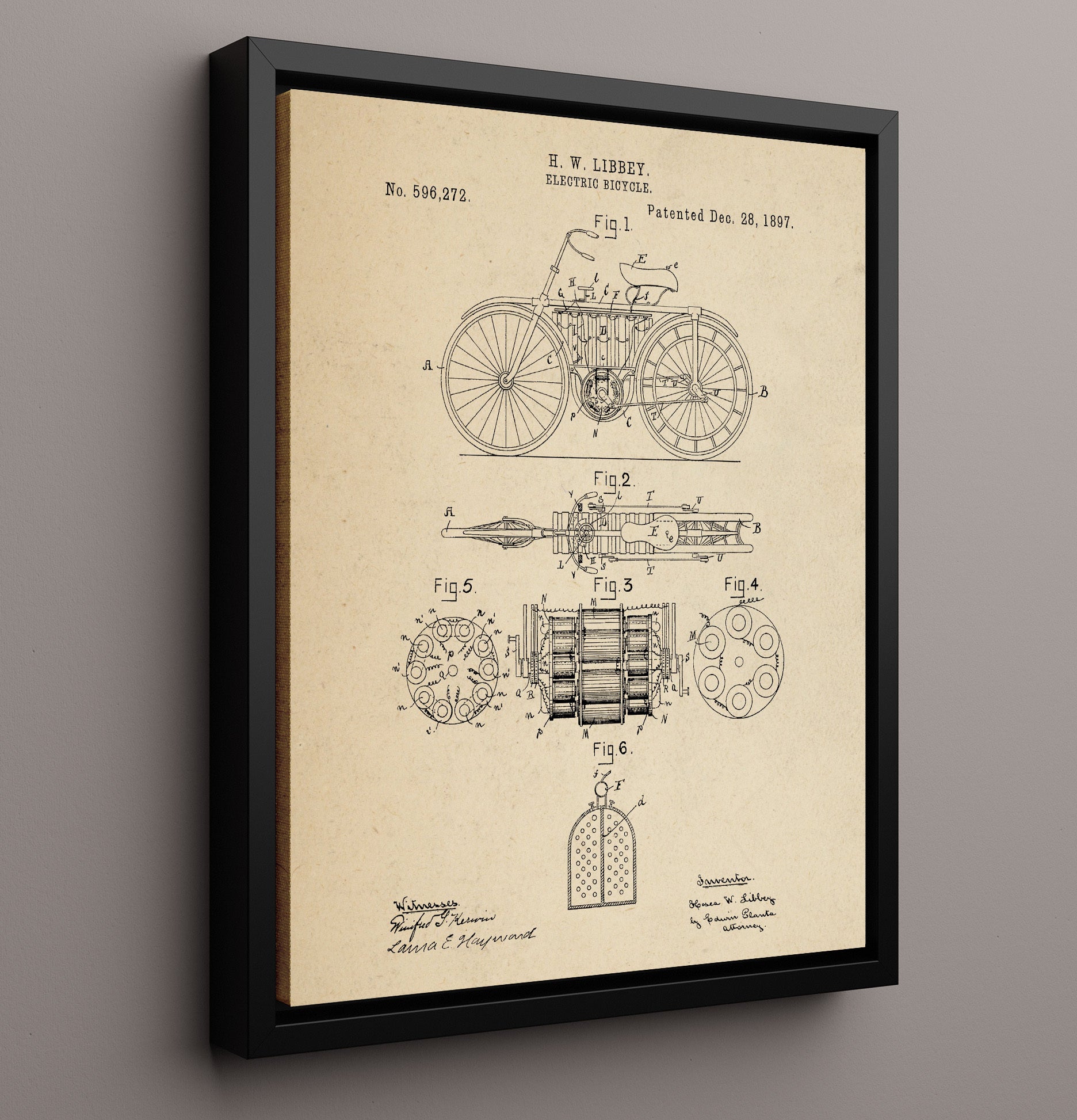Patent Print - Electric Bicycle - H W Libbey - 1897 - Patent 596272 Patent Wall Art