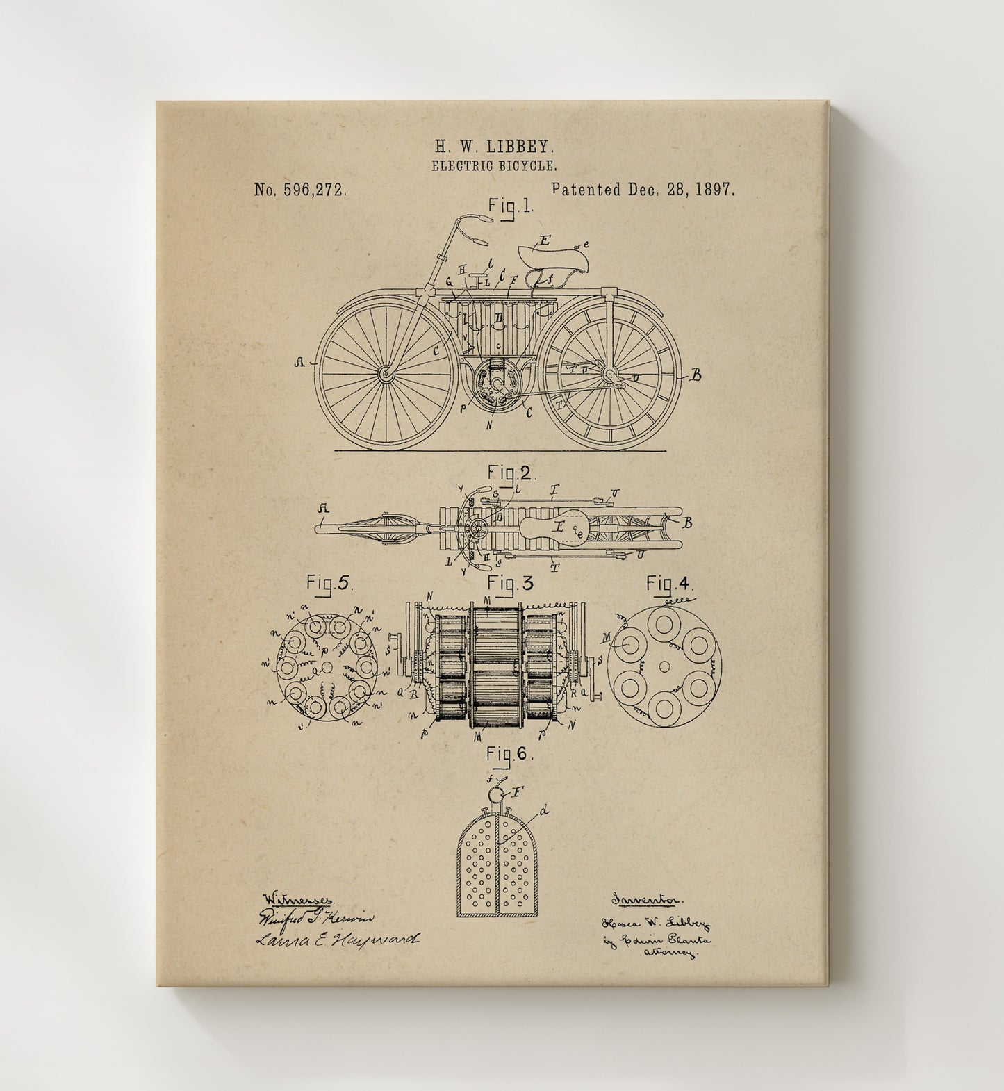 Patent Print - Electric Bicycle - H W Libbey - 1897 - Patent 596272 Patent Wall Art
