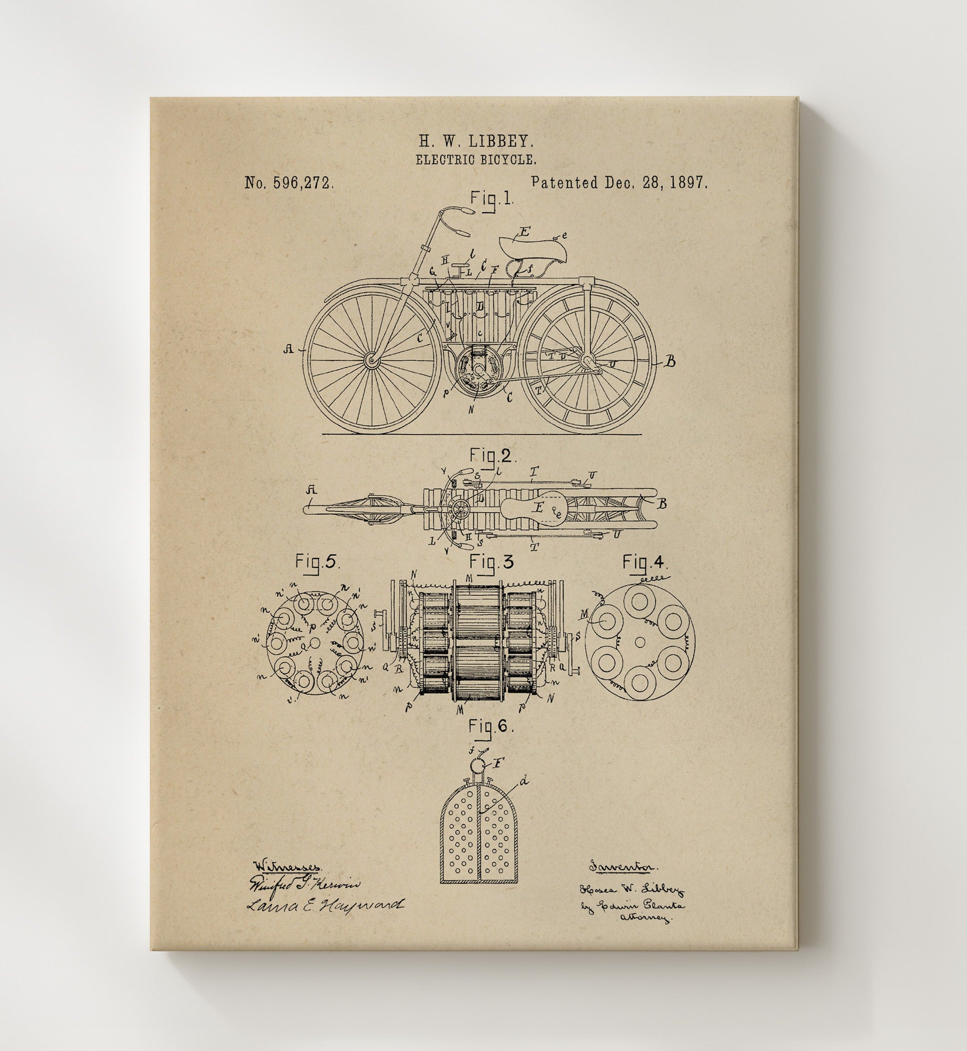Patent Print - Electric Bicycle - H W Libbey - 1897 - Patent 596272 Patent Wall Art