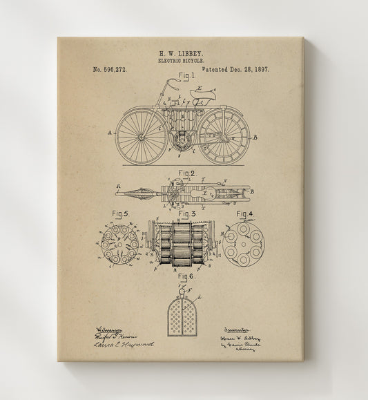 Electric Bicycle 1897 patent print wall art 8x10 Canvas