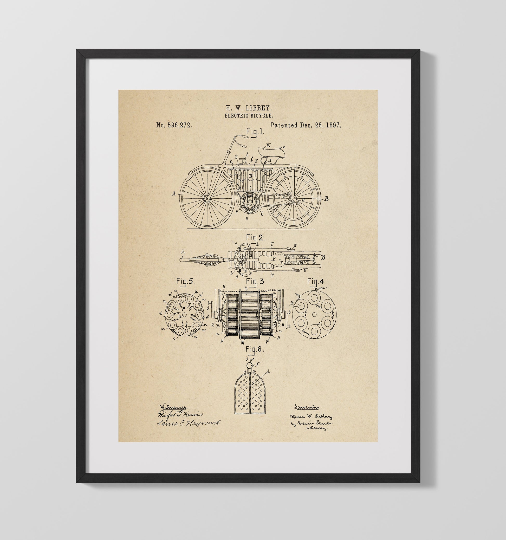 Patent Print - Electric Bicycle - H W Libbey - 1897 - Patent 596272 Patent Wall Art