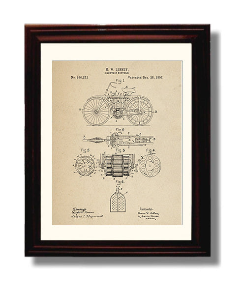 Patent Print - Electric Bicycle - H W Libbey - 1897 - Patent 596272 Patent Wall Art