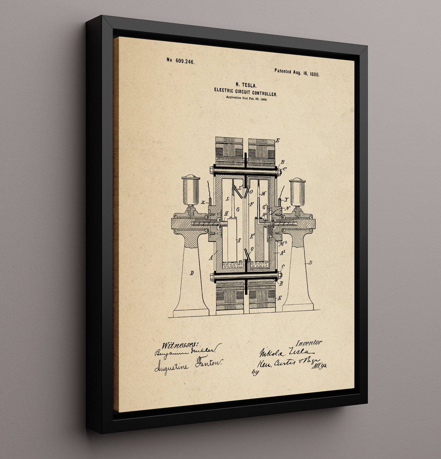 Patent Print - Electric Circuit Controller - Nikola Tesla - 1898 - Patent 609246 Patent Wall Art