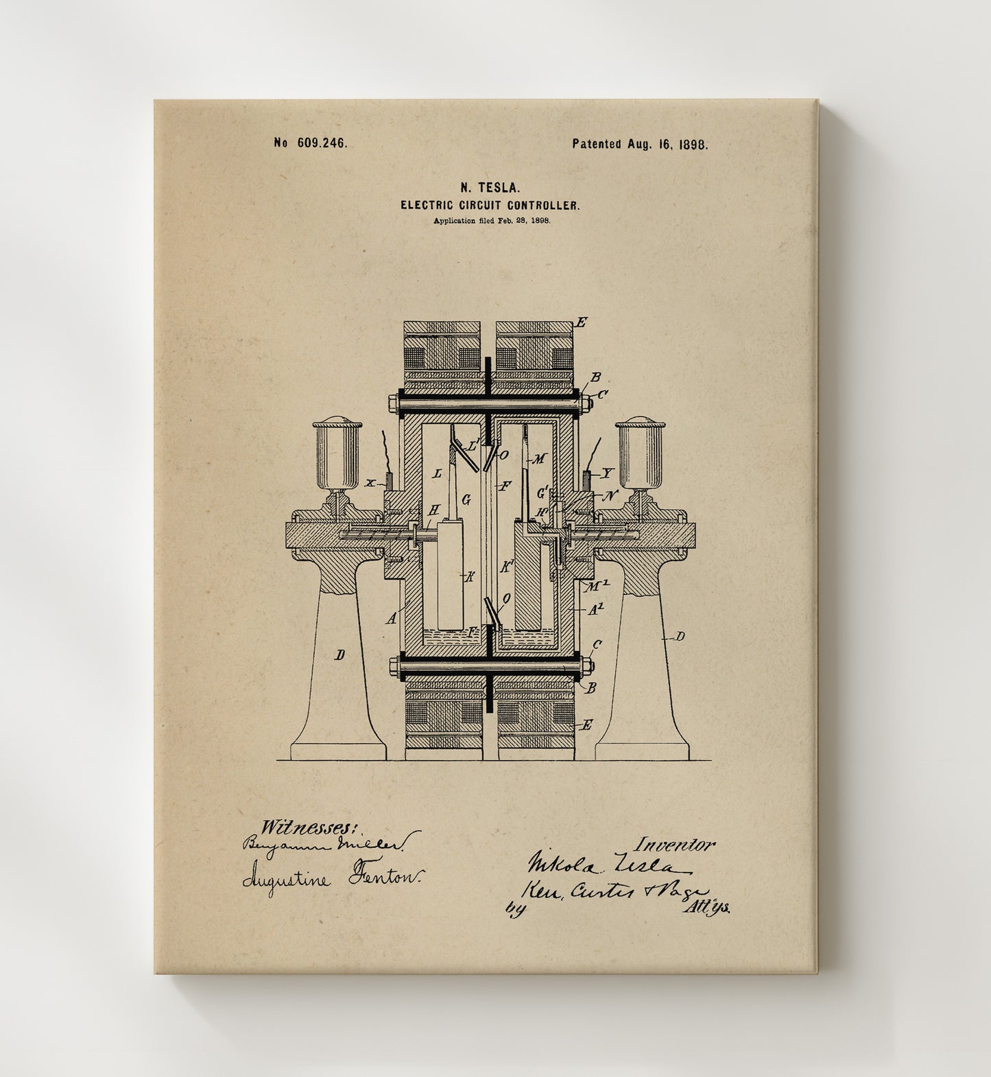 Patent Print - Electric Circuit Controller - Nikola Tesla - 1898 - Patent 609246 Patent Wall Art