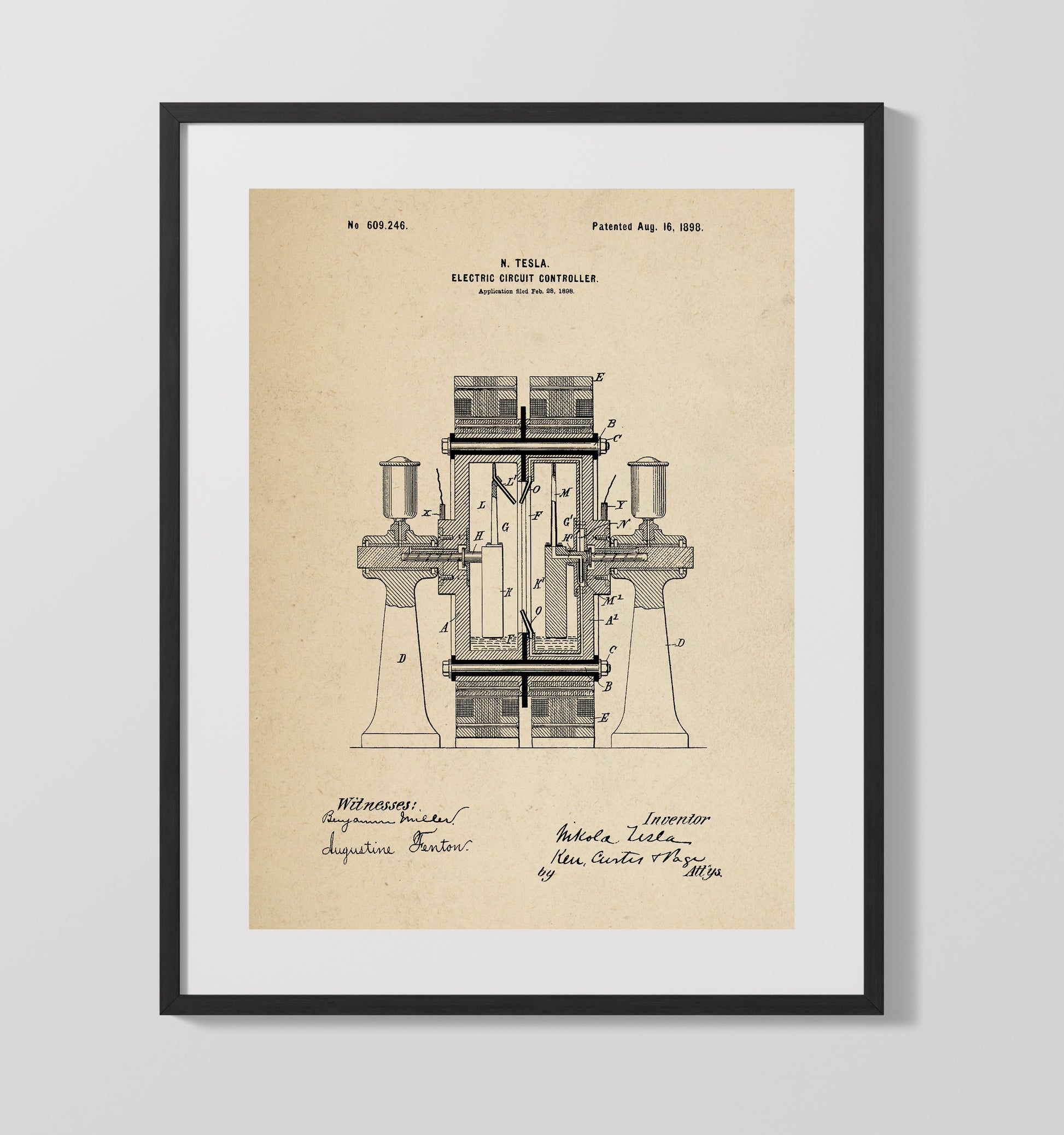 Patent Print - Electric Circuit Controller - Nikola Tesla - 1898 - Patent 609246 Patent Wall Art