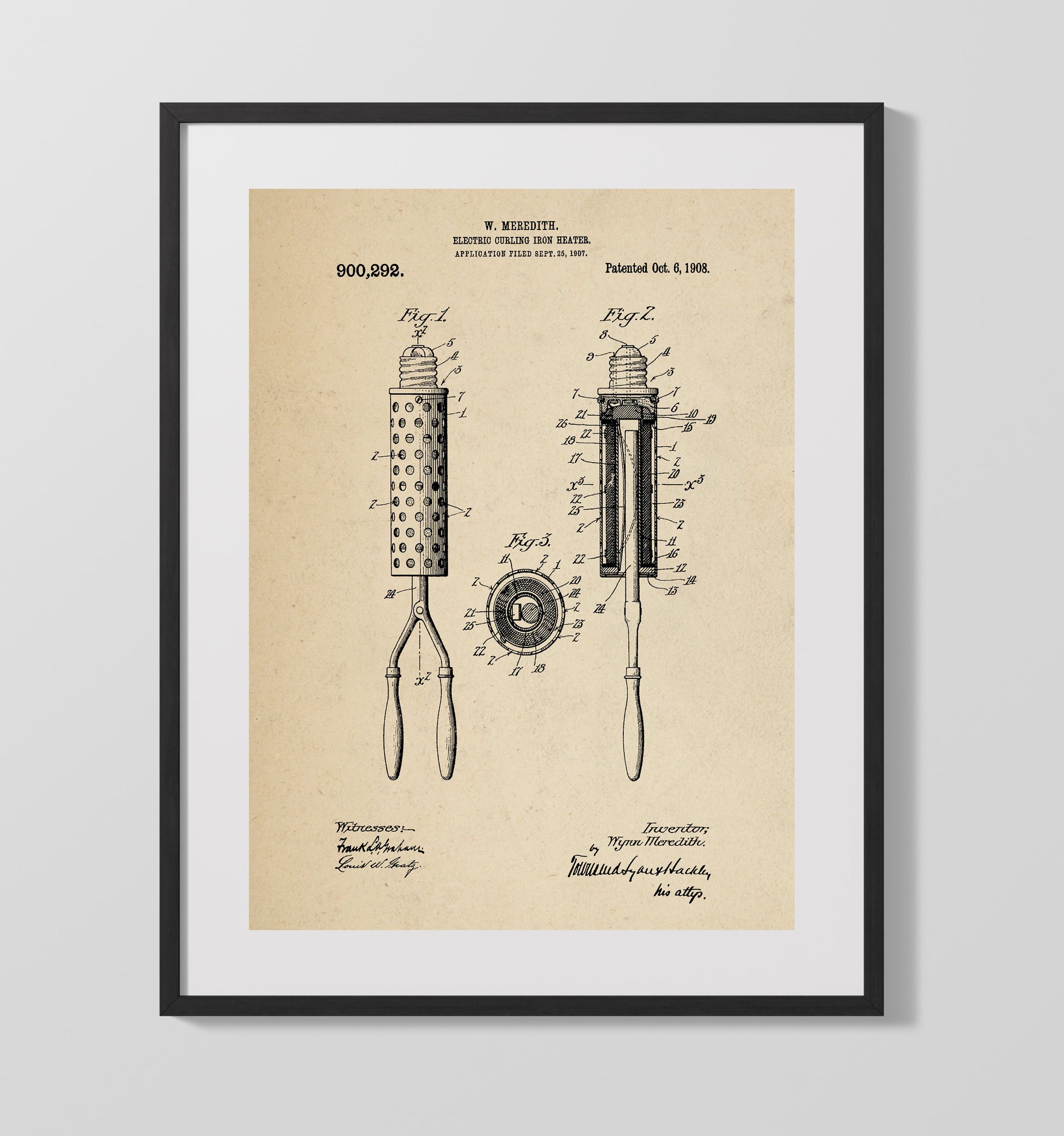 Patent Print - Electric Curling Iron Heater - Wygne Meredith - 1908 - Patent 900292 Patent Wall Art