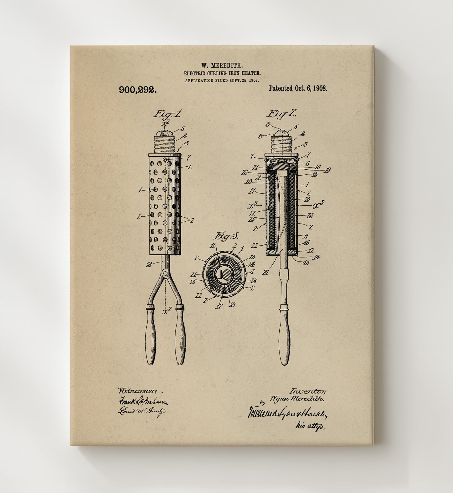 Patent Print - Electric Curling Iron Heater - Wygne Meredith - 1908 - Patent 900292 Patent Wall Art